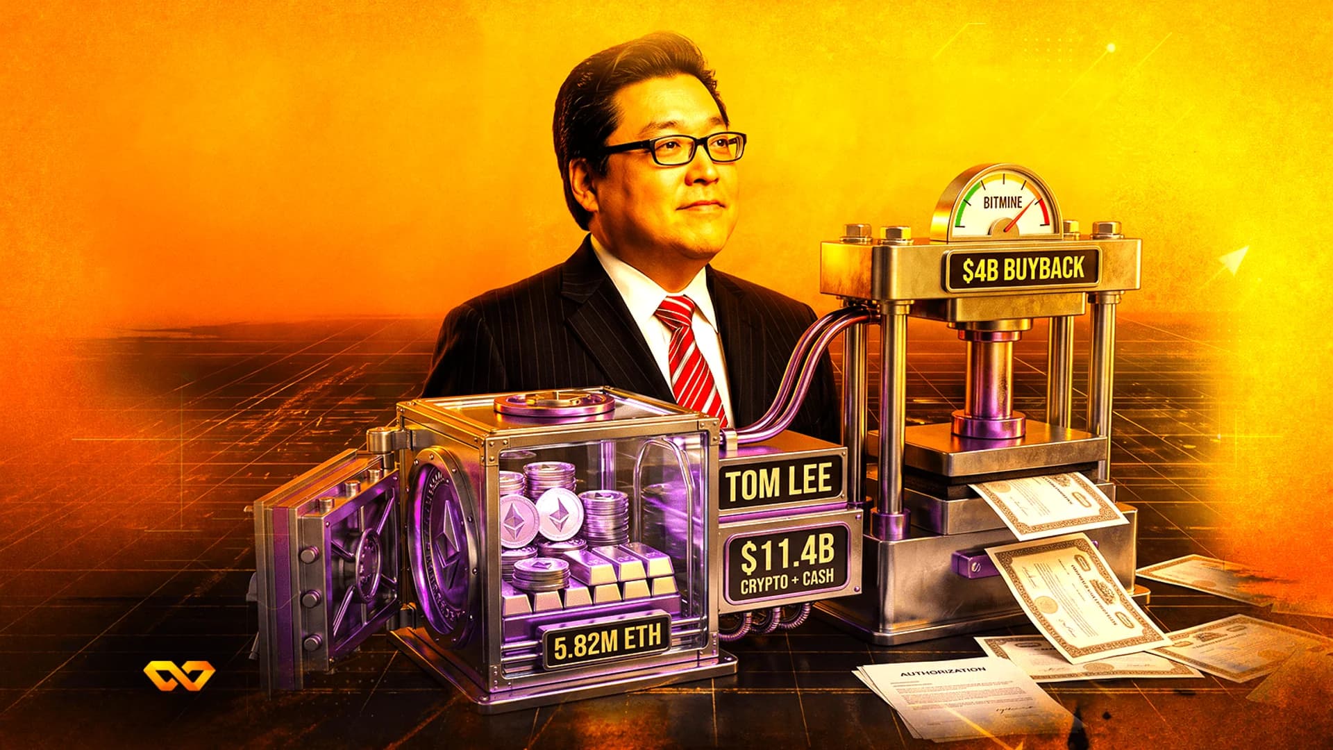 Tom Lee behind a machine with a vault of Ethereum coins and silver bars on a textured orange background.
