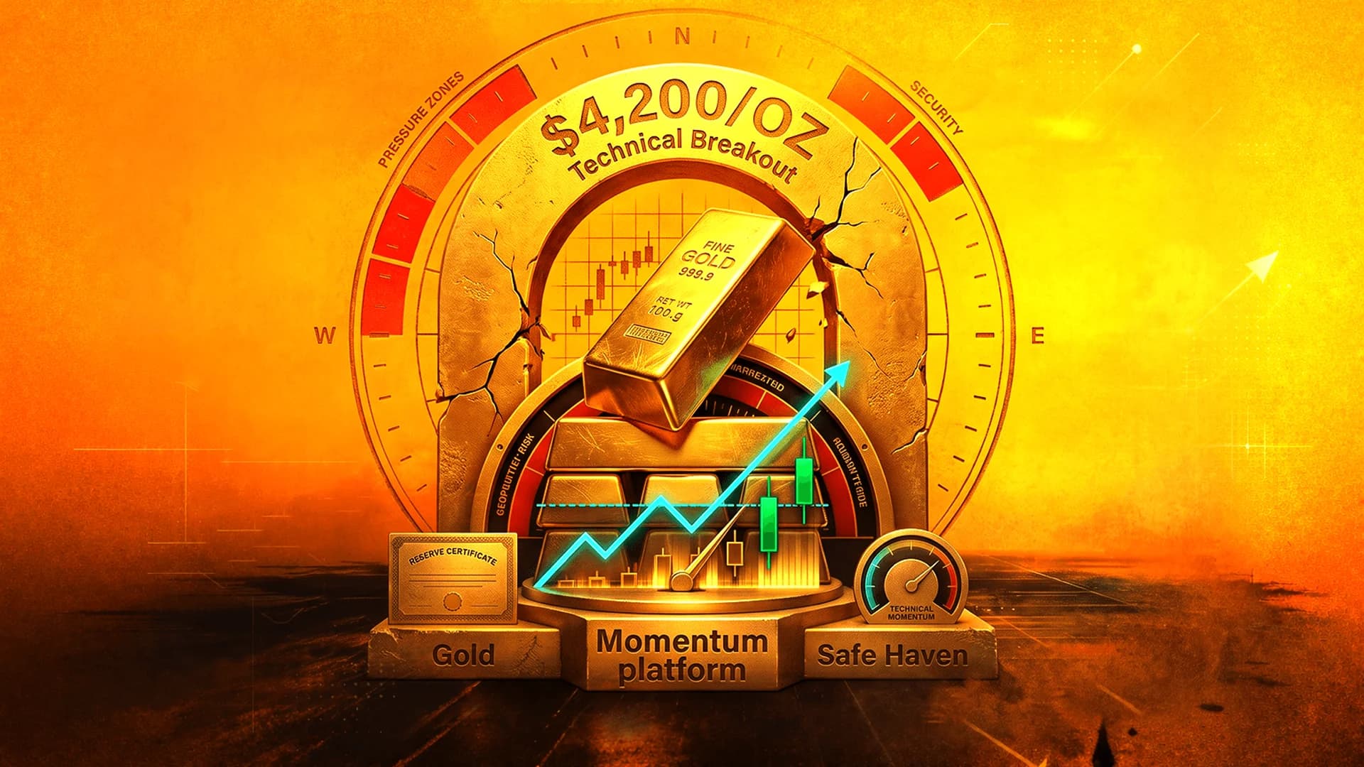 Gold bars on a platform with a rising blue arrow chart and a compass dial against an orange background.