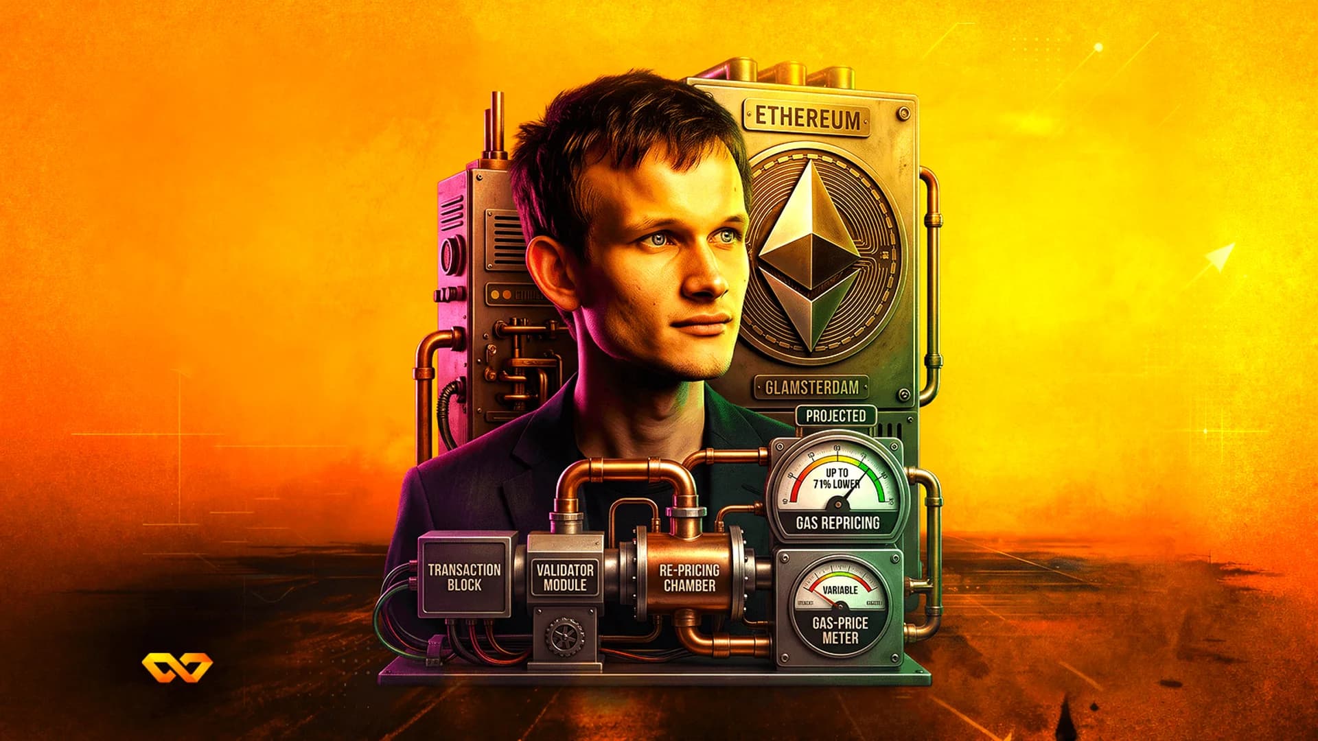 Stylized portrait of Vitalik Buterin with Ethereum logo and mechanical gauges on an orange background.