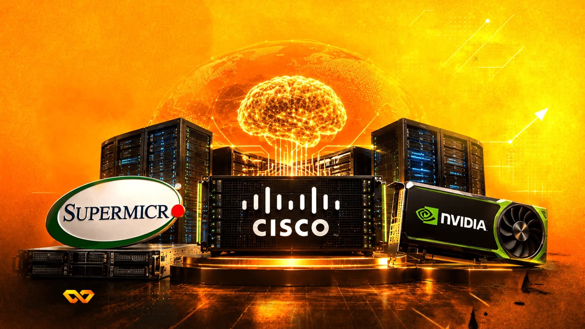 Server racks with Supermicro, Cisco, and Nvidia logos, a glowing digital brain, and a golden globe background.