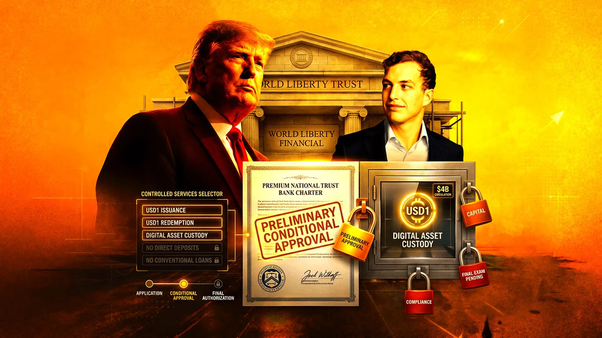 Donald Trump and a man beside a World Liberty Financial building, a bank charter document, and a digital asset safe.
