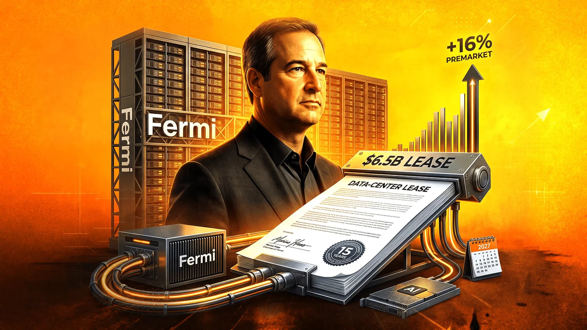 Digital illustration of a man beside server racks labeled Fermi, a $6.5B lease document, and a rising bar chart.
