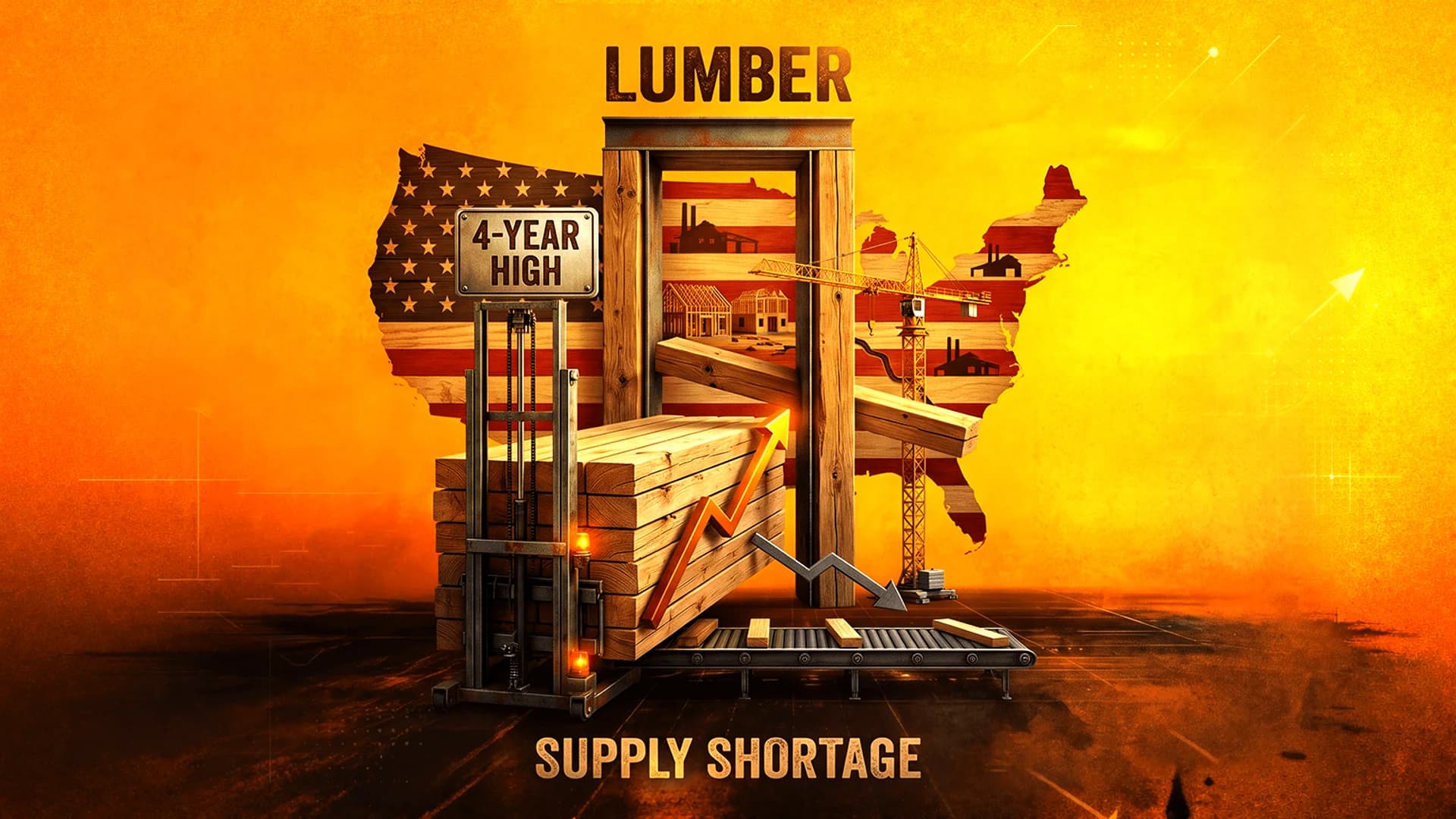 Graphic of lumber stacks, a forklift, and a US map with an American flag pattern on an orange background.