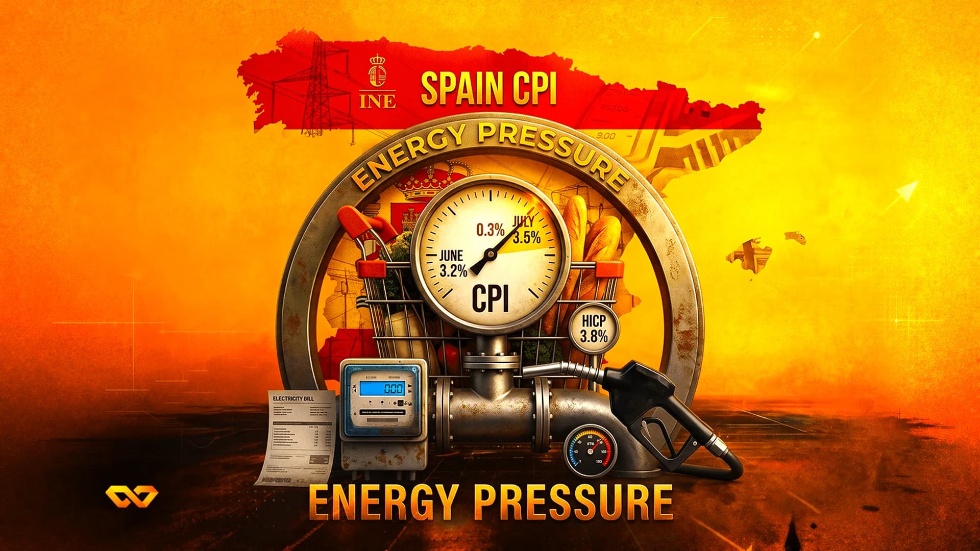 Graphic of a CPI pressure gauge over a map of Spain, featuring a fuel nozzle, electricity meter, and shopping cart.