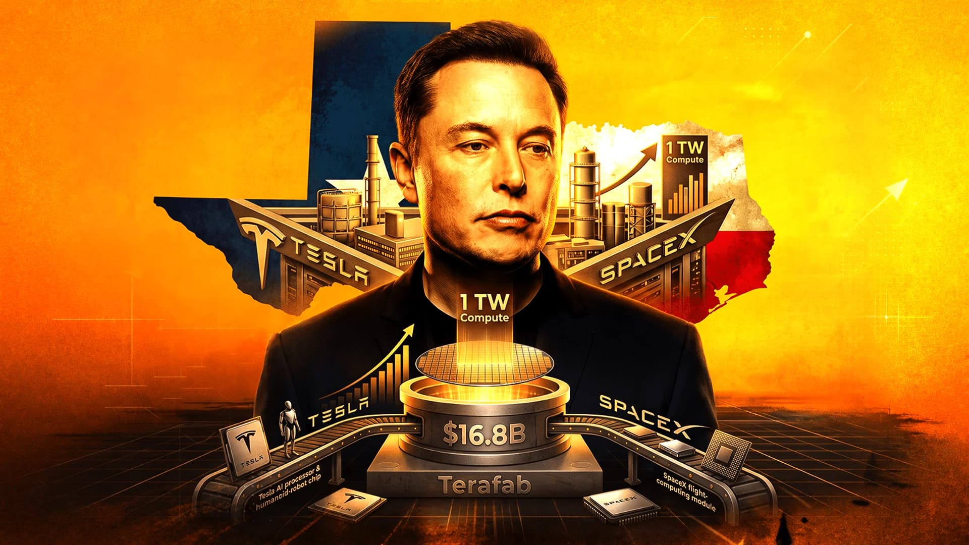 Illustration of Elon Musk with Tesla and SpaceX logos, a Texas map, and industrial machinery in orange tones.