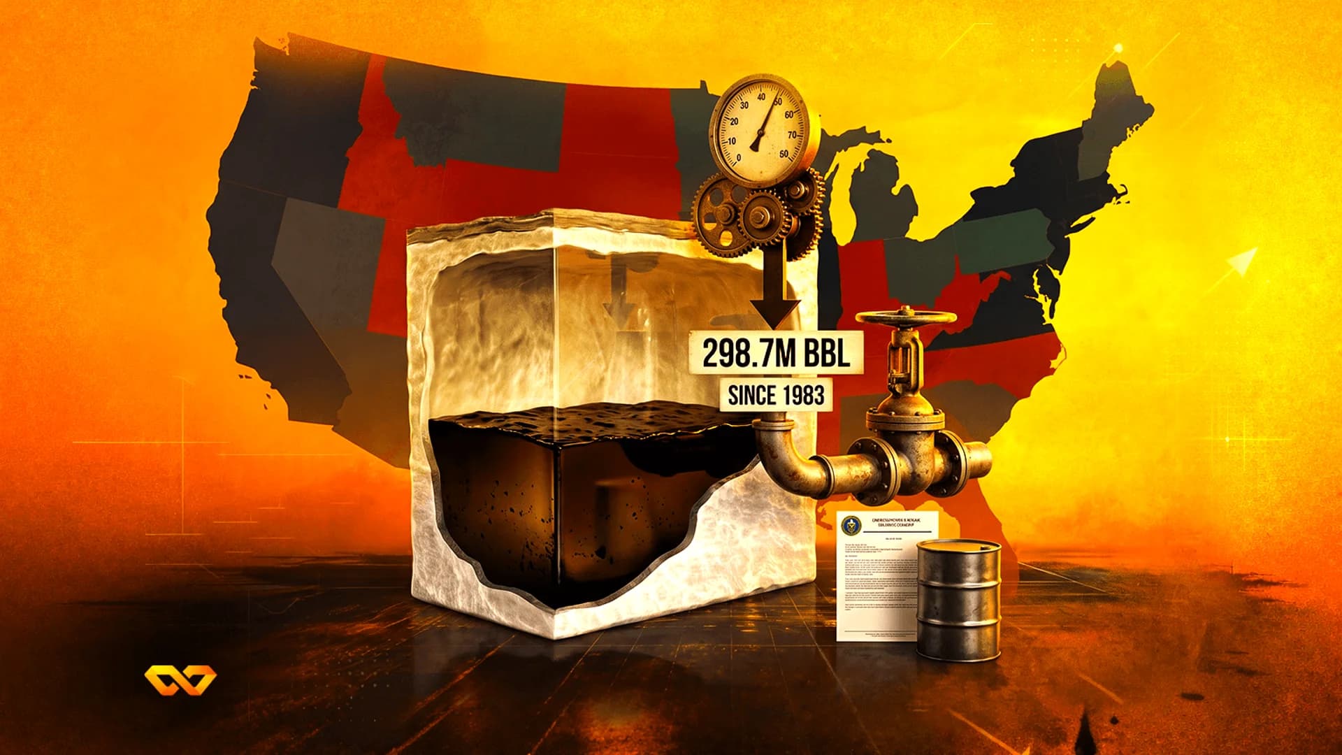 Stylized illustration of a US map behind an underground oil storage tank, a pressure gauge, and an oil barrel.