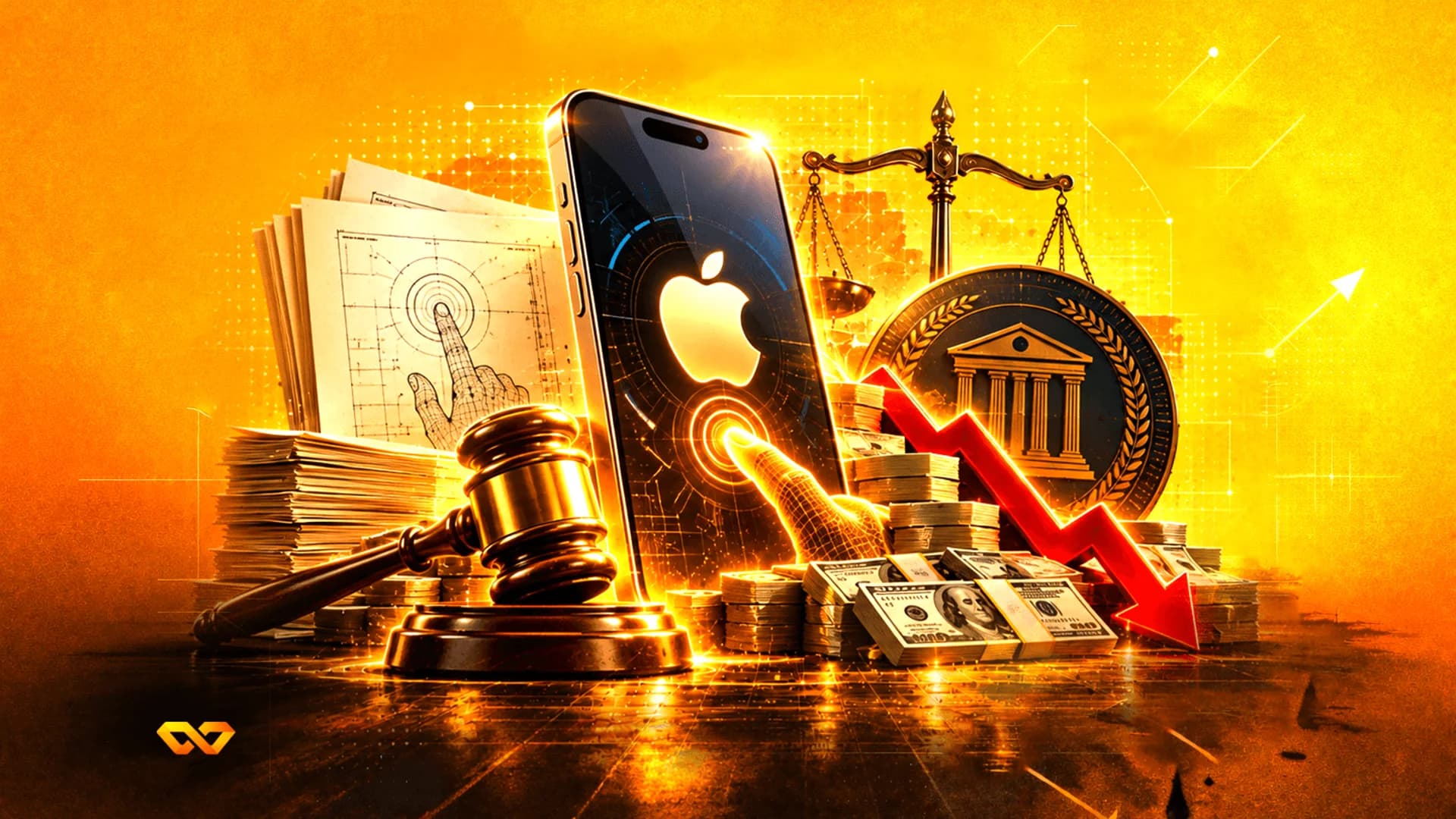 هاتف آيفون بشعار أبل، مطرقة قاضٍ، رزم من الدولارات، وسهم أحمر هابط على خلفية ذهبية.