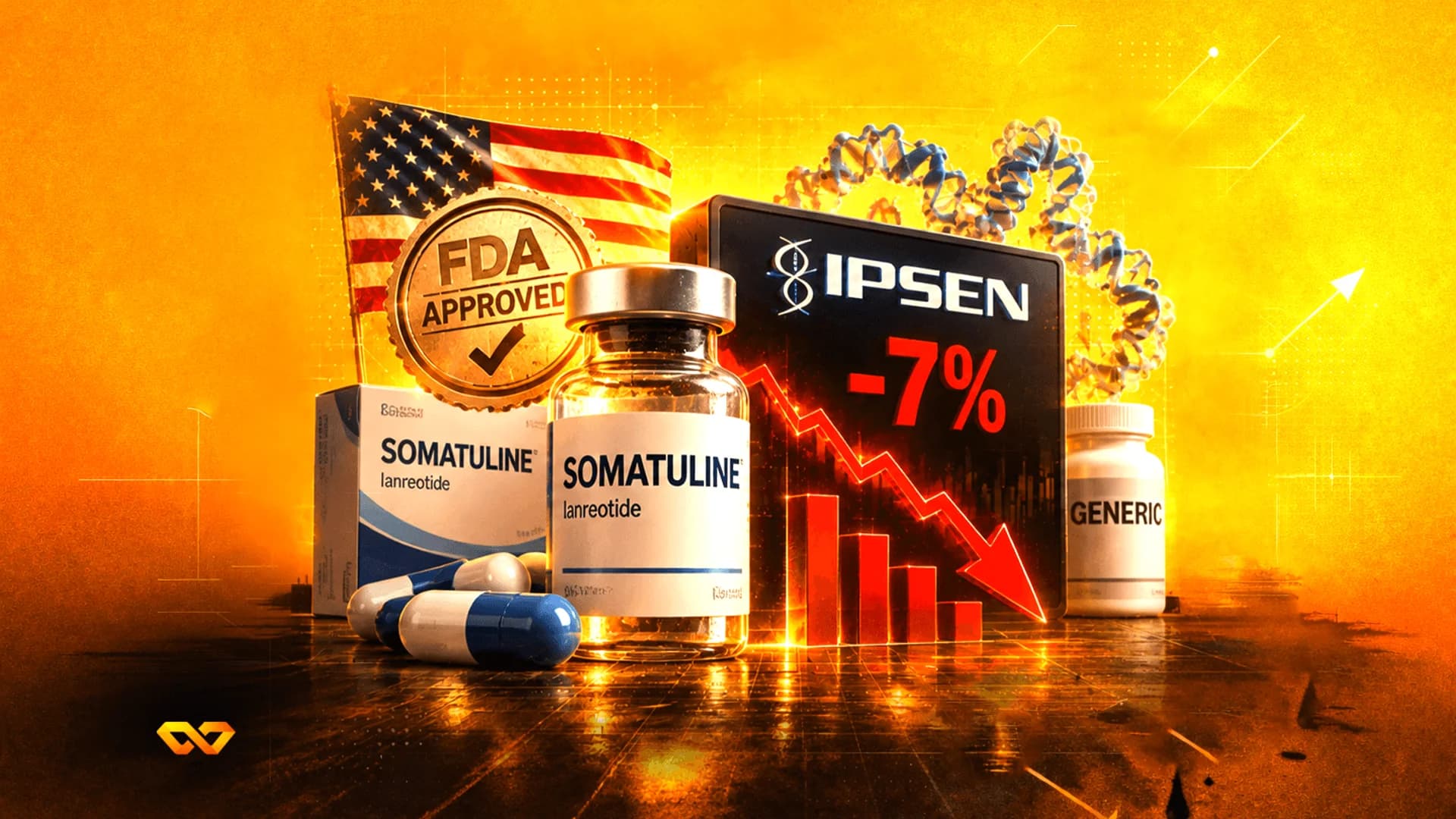 Ipsen logo with a -7% stock drop arrow, Somatuline medicine, FDA seal, and US flag on an orange background.