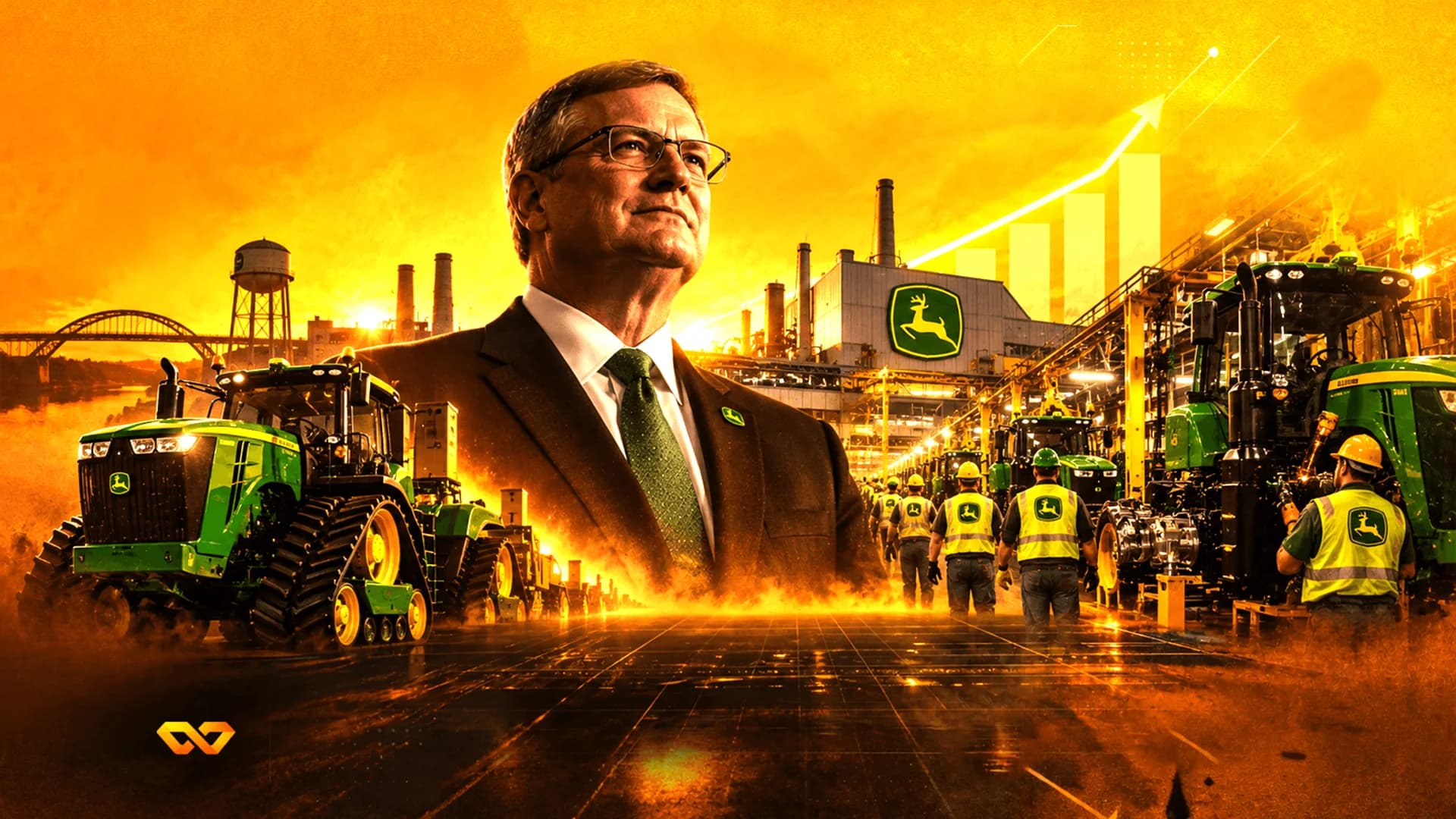Portrait of a man in a suit over a collage of John Deere tractors, factory workers, and a rising growth chart.