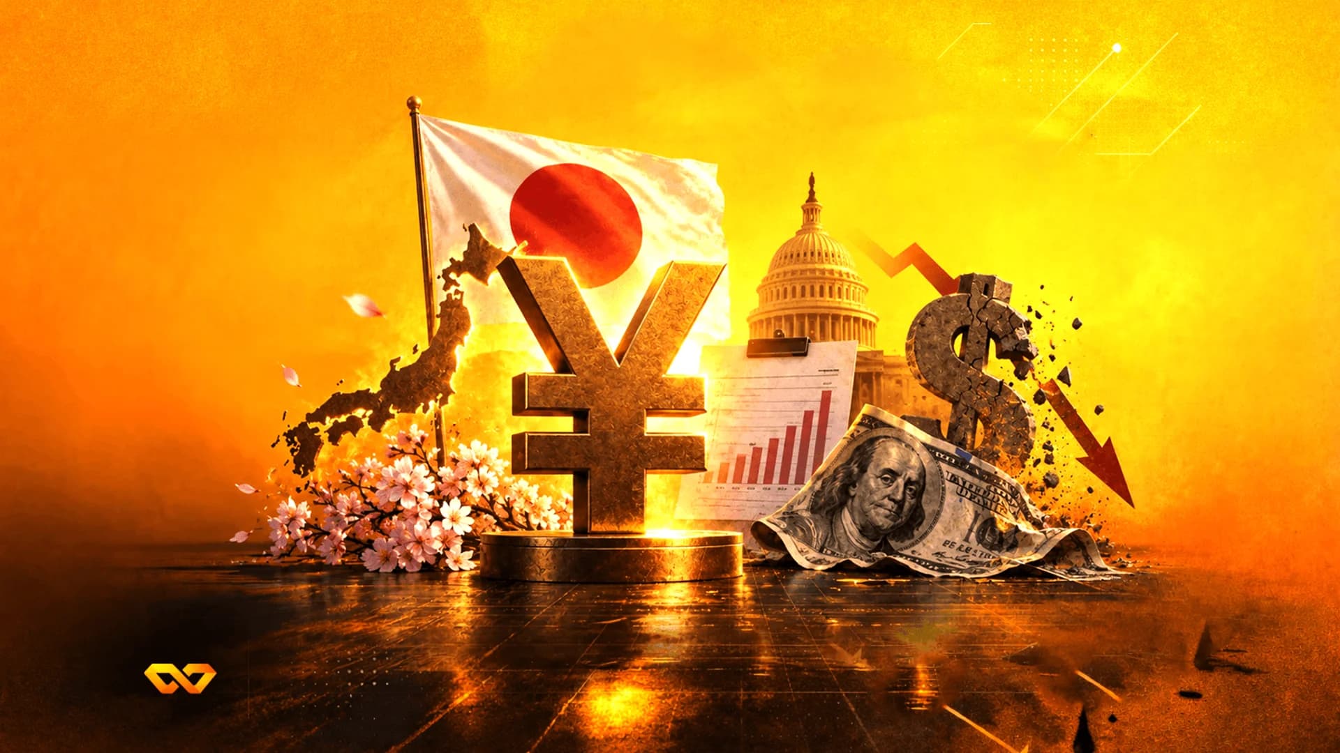 Golden Yen symbol, Japanese flag, crumbling Dollar sign, and US Capitol building on a golden background.