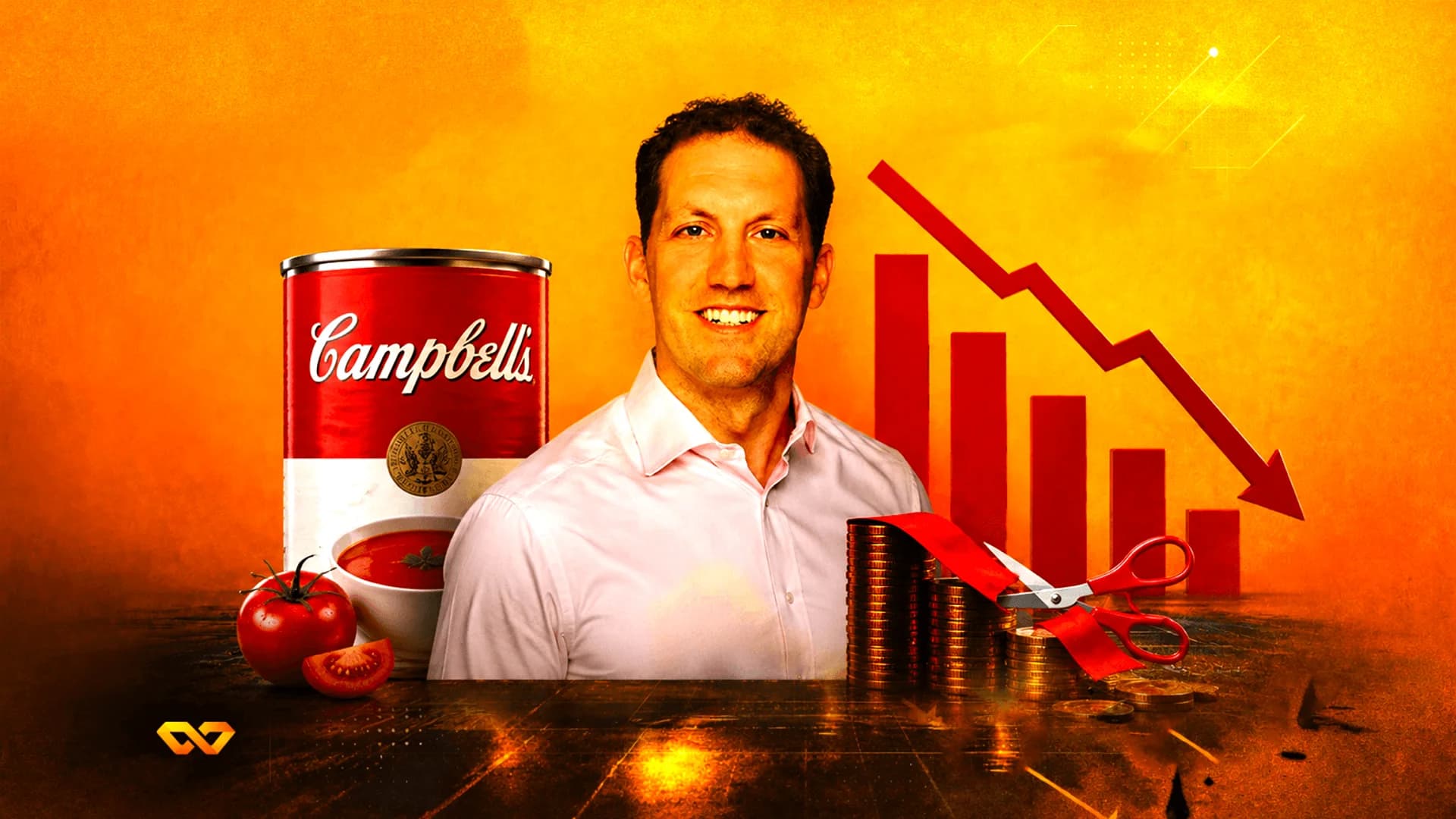 Man in white shirt next to a Campbell's soup can, a downward red bar chart, and coins being cut by scissors.