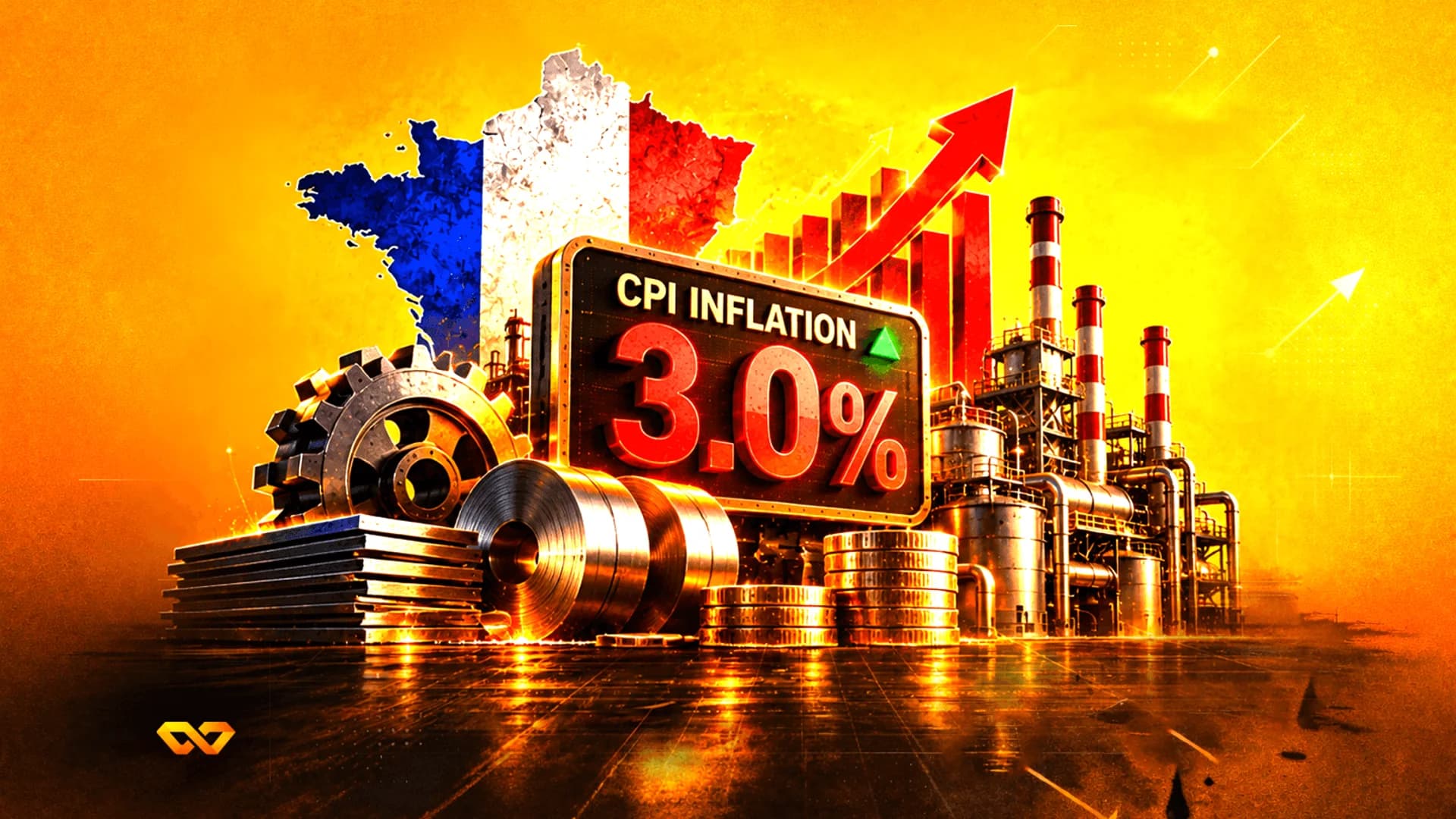 Map of France with flag colors, a 3.0% CPI inflation sign, industrial factory, and a rising red arrow.