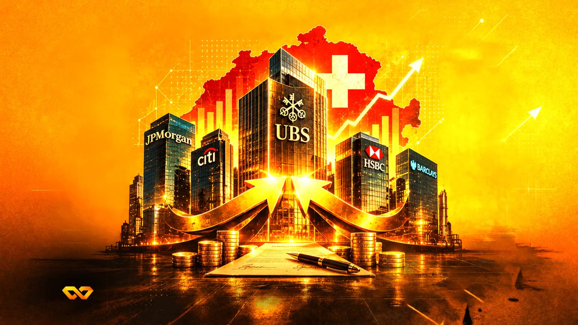 Digital illustration of major bank skyscrapers with UBS, JPMorgan, and Citi logos against a Swiss flag background.
