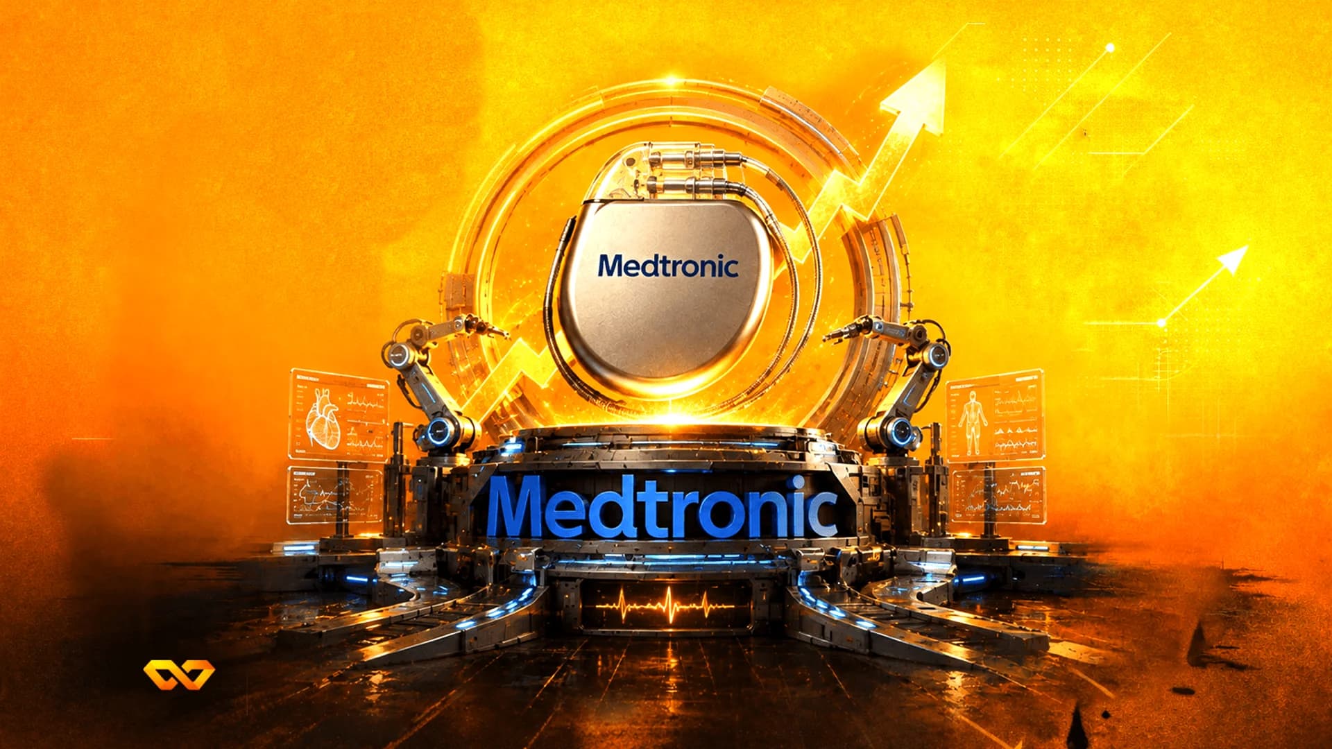 Medtronic pacemaker on a futuristic pedestal with robotic arms and a glowing upward arrow against an orange backdrop.