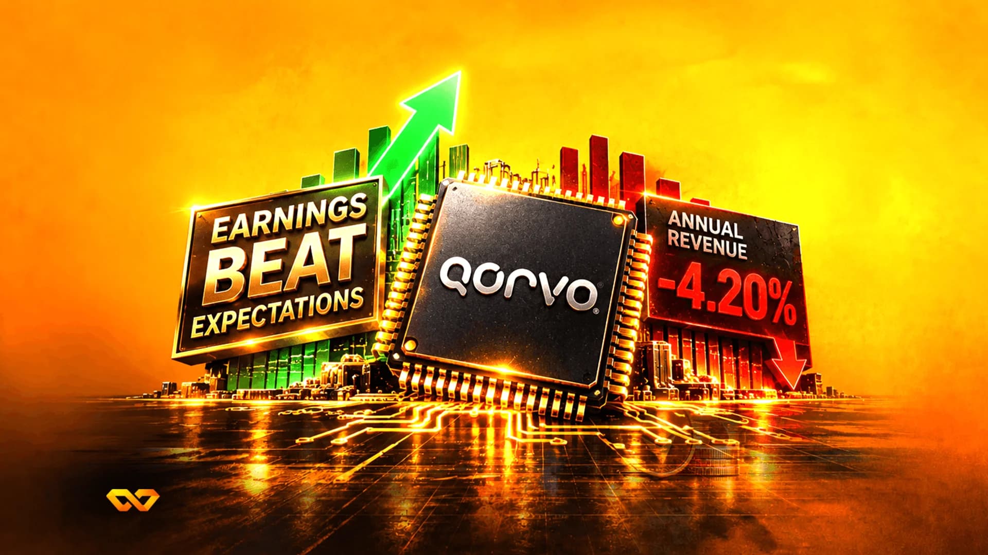 Qorvo microchip between signs for earnings beat and revenue decline on a glowing orange circuit background.