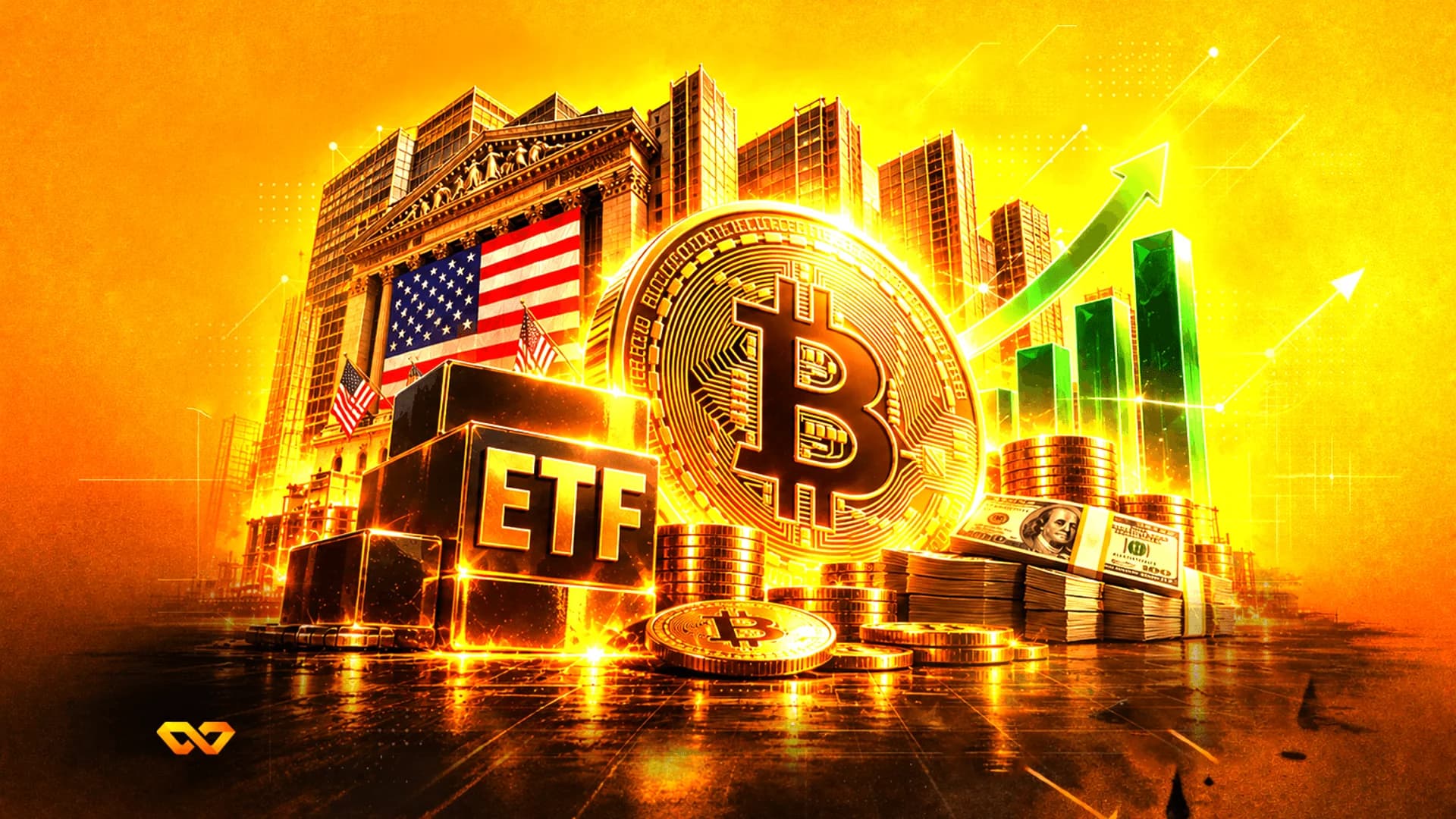Golden Bitcoin coin next to an ETF block, stacks of cash, and a stock exchange building with US flags.