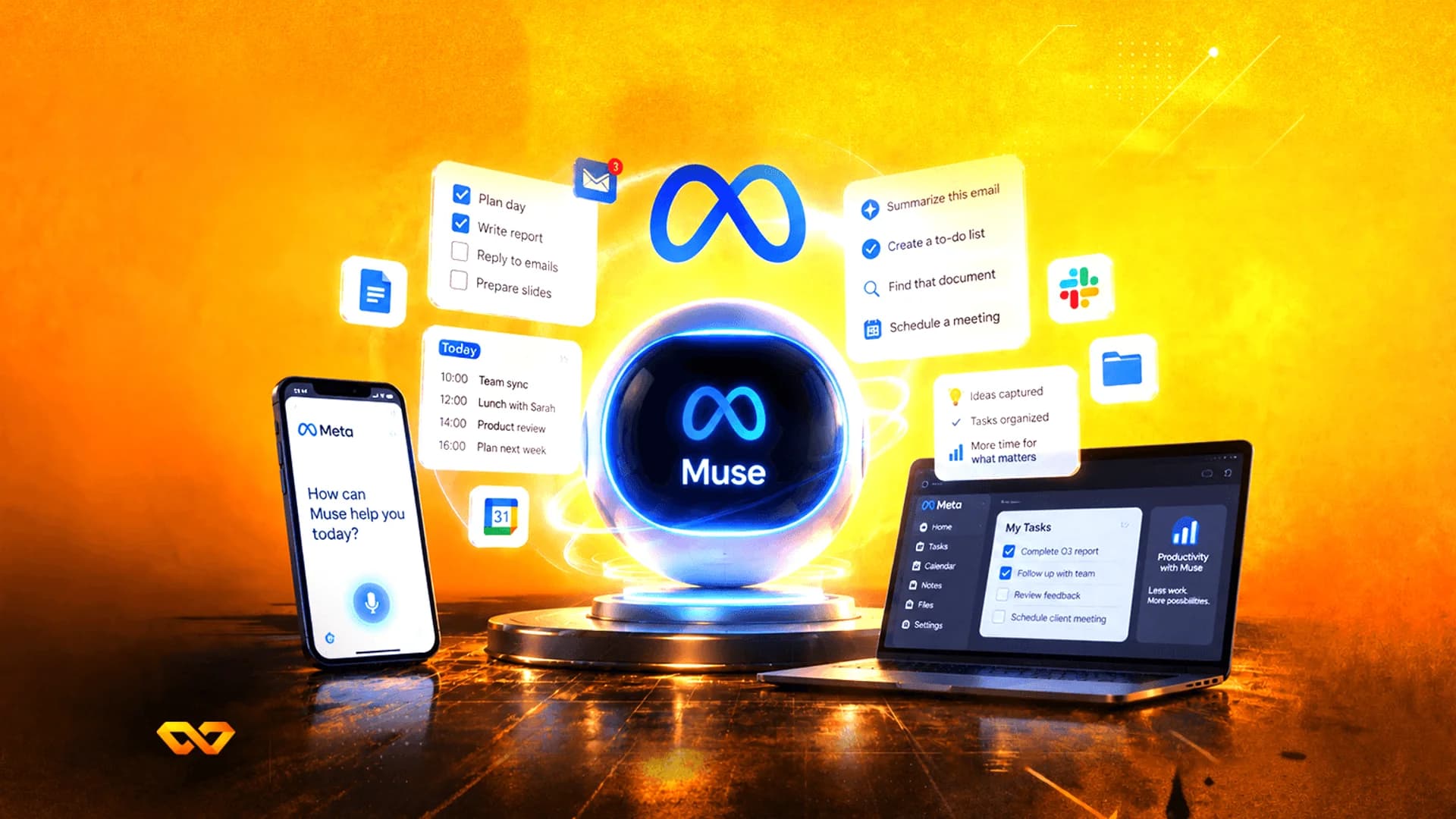 Conceptual illustration of Meta Muse AI assistant with floating UI elements, a smartphone, and a laptop.