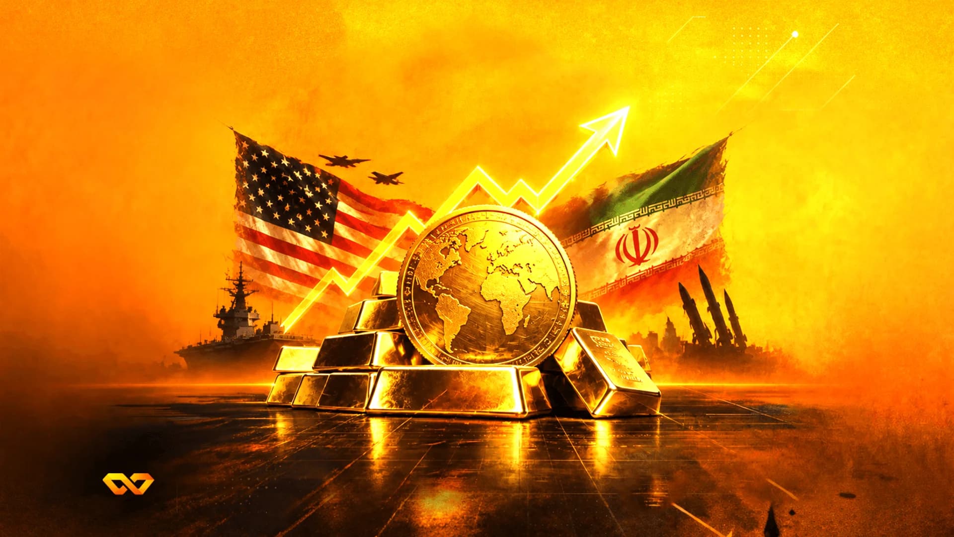 Gold bars and a world map coin between US and Iranian flags with military silhouettes on an orange background.