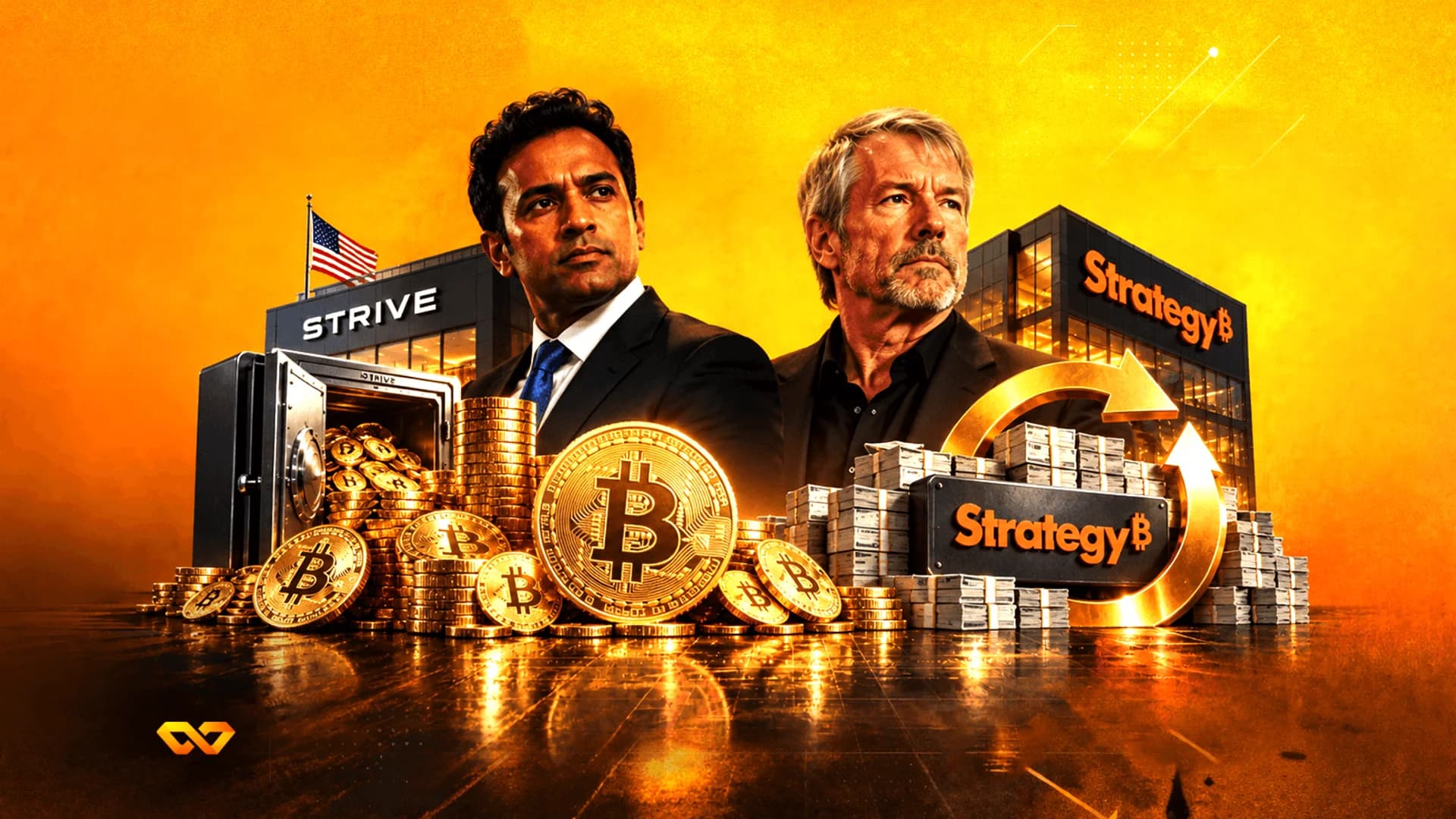 Digital collage of Vivek Ramaswamy and Michael Saylor with Bitcoin coins, cash stacks, and corporate buildings.