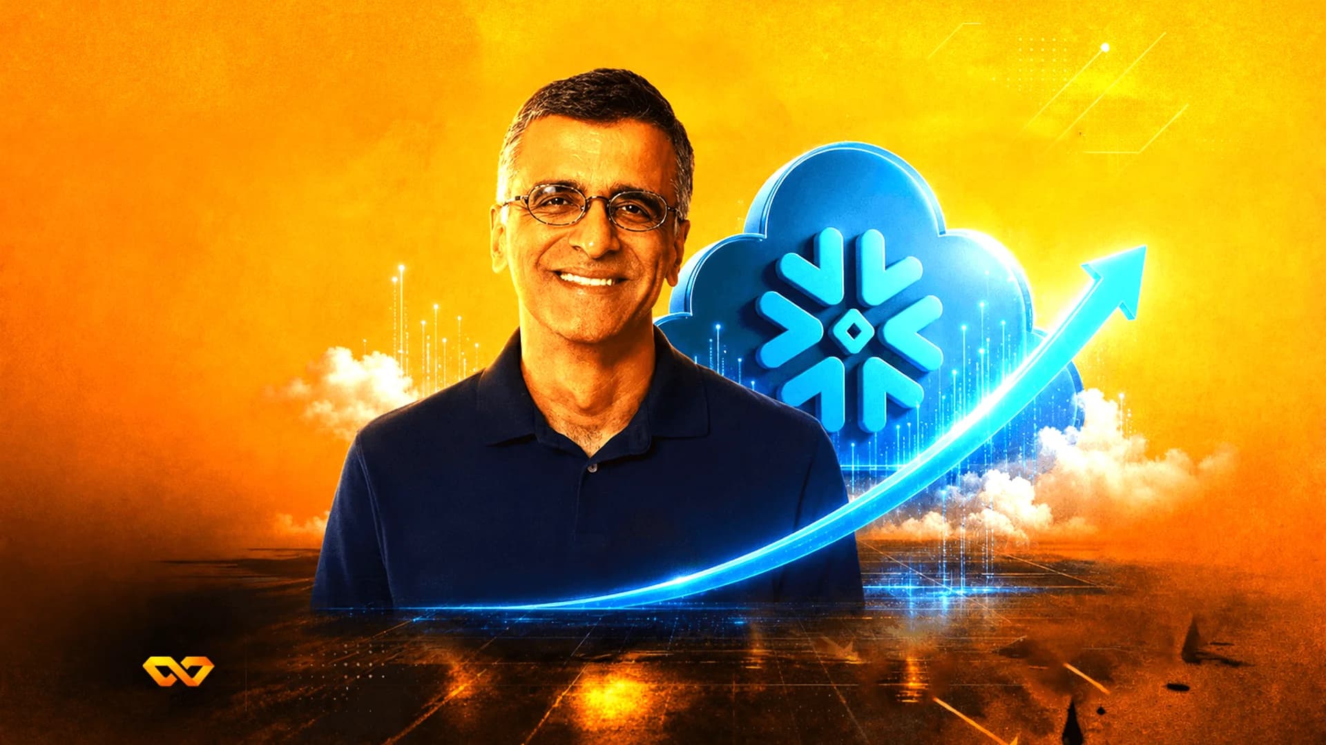 Portrait of a man in a blue shirt next to a blue cloud logo and an upward-pointing arrow on an orange background.