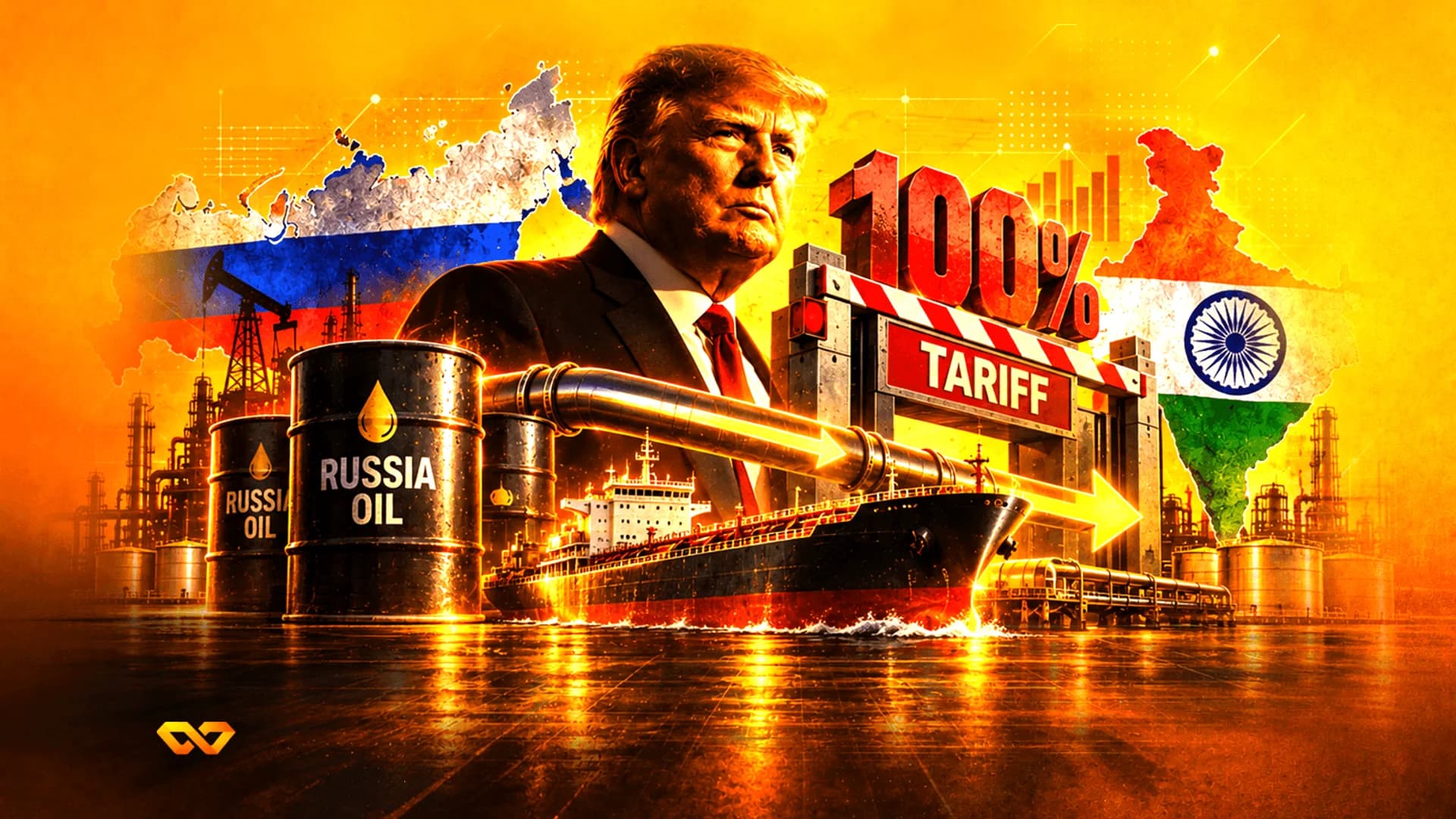 Illustration of Donald Trump with maps of Russia and India, oil barrels, a tanker, and a 100% tariff barrier.