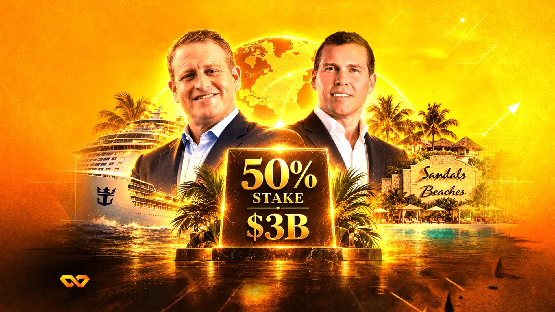 Two men in suits flanking a gold plaque reading '50% STAKE $3B' with a cruise ship and tropical resort background.