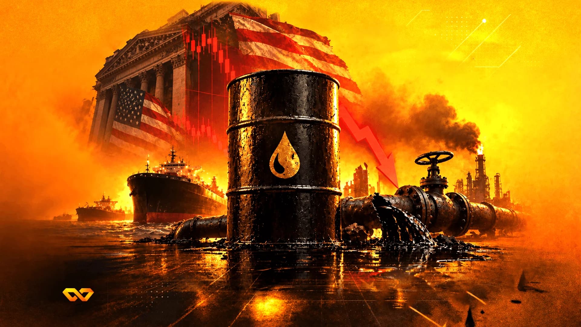 Oil barrel and leaking pipe before a US building and a red downward chart on a fiery orange background.