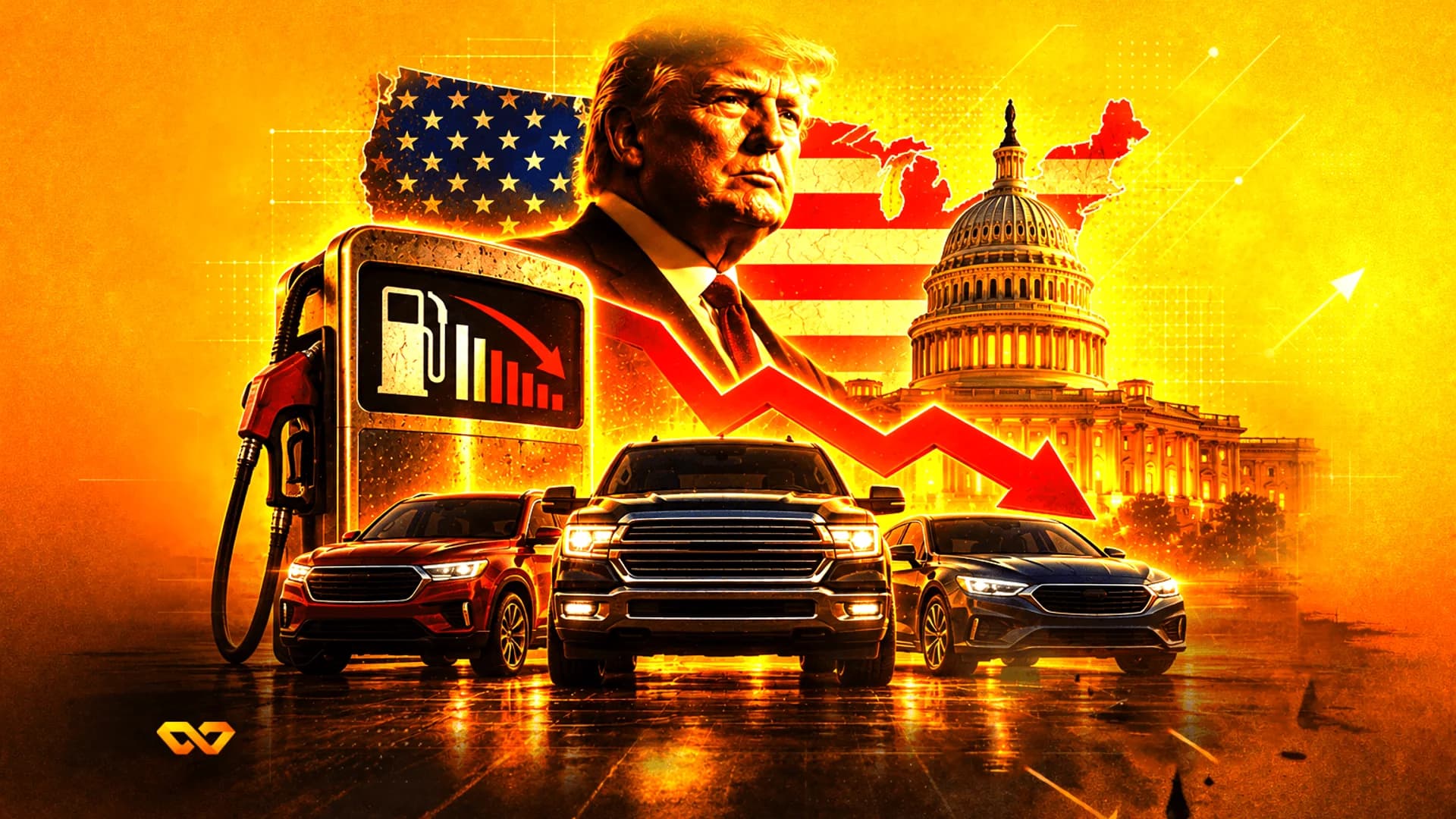 Donald Trump portrait over the US Capitol, a gas pump, and cars with a red downward arrow on a yellow background.