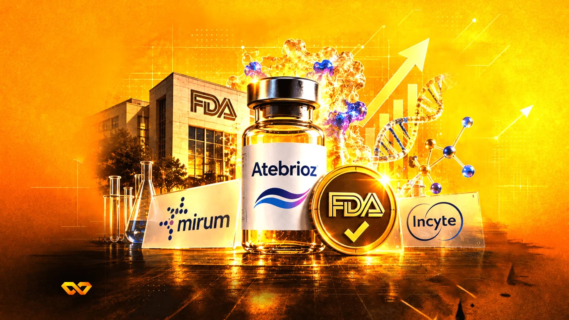 Vial of Atebrioz medicine with Mirum and Incyte logos, FDA building, DNA helix, and a rising arrow on a gold background.
