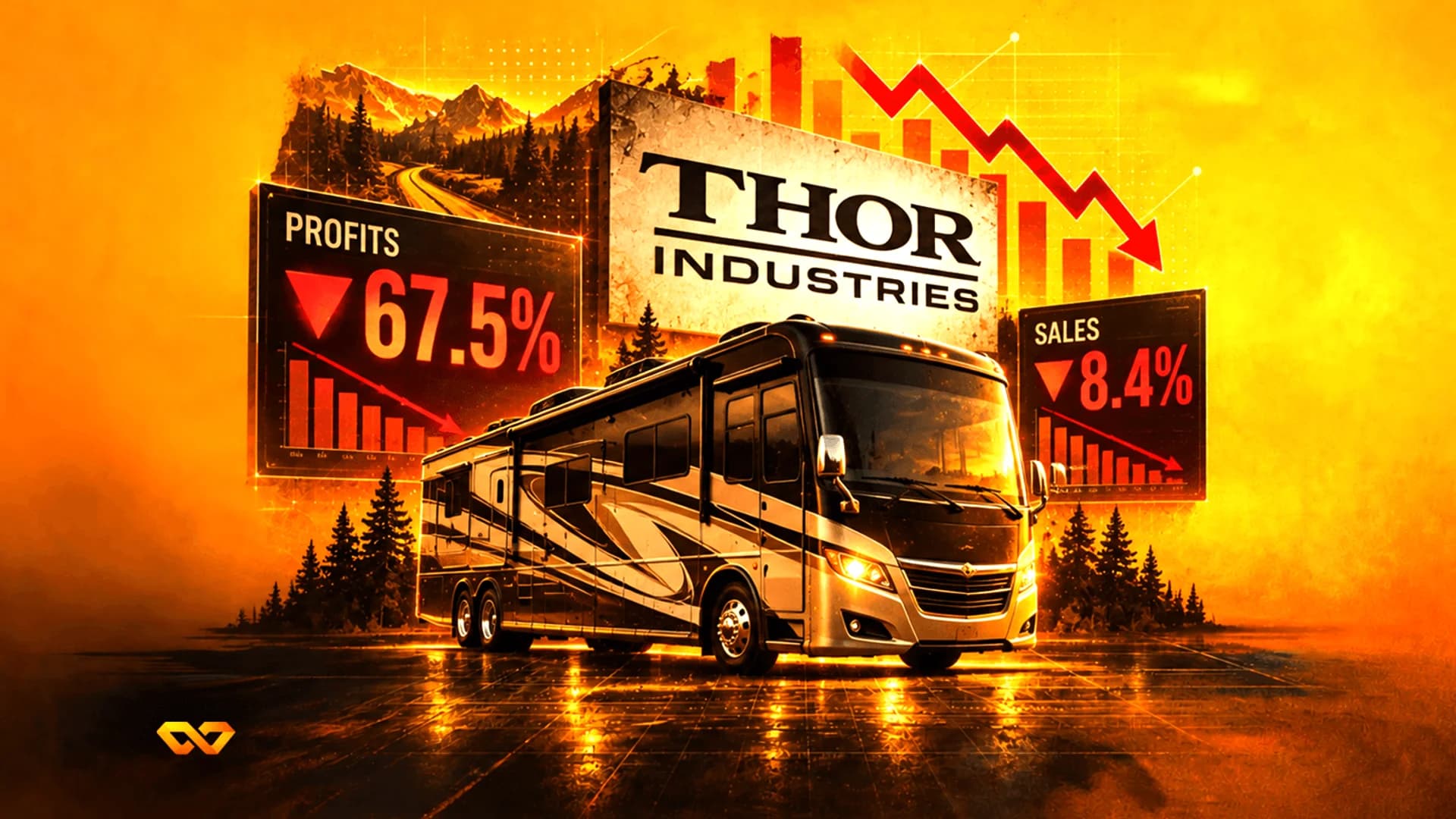 Motorhome in front of a Thor Industries sign with charts showing declining profits and sales on an orange background.