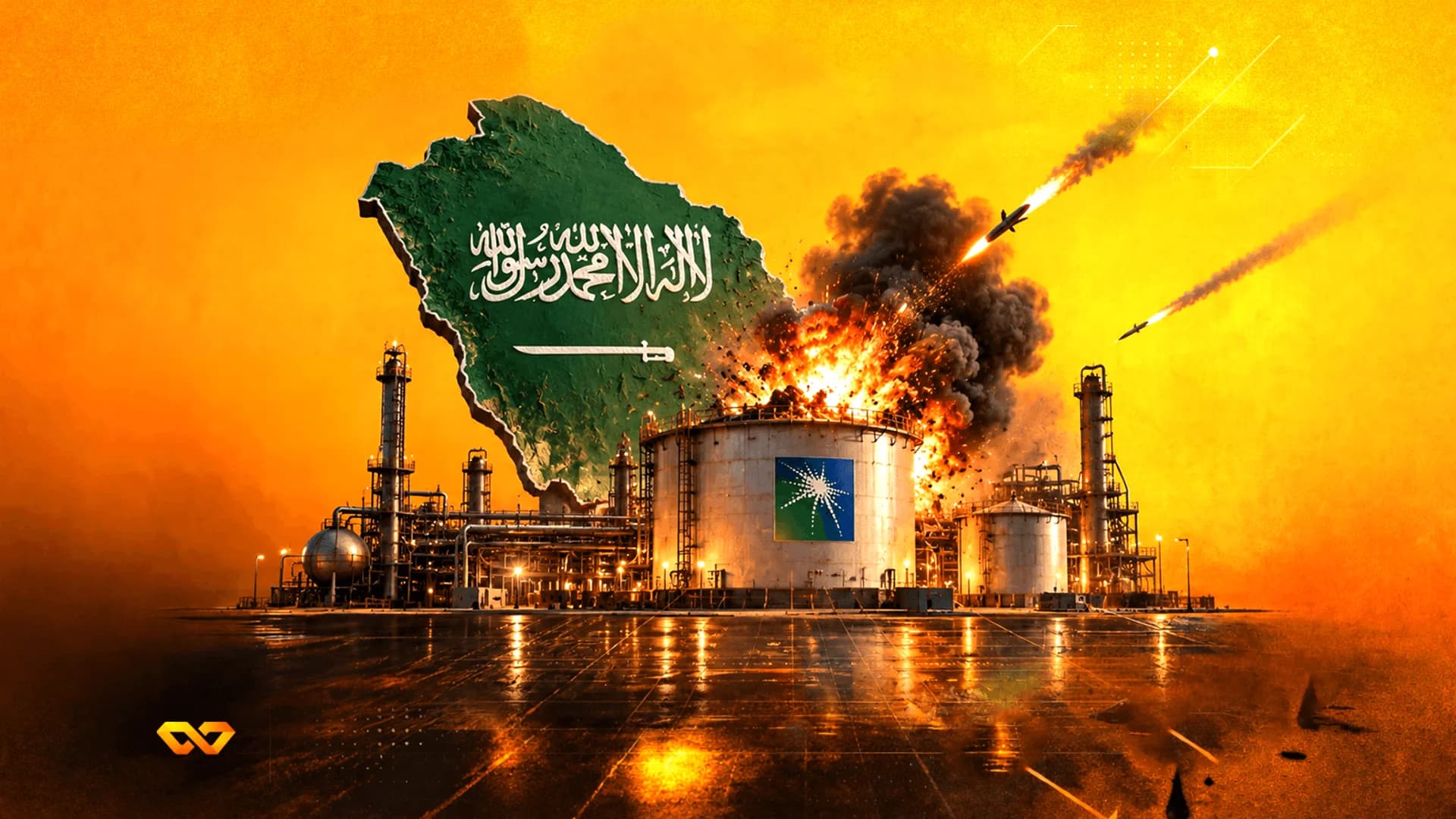 Digital art of an oil refinery explosion with the Saudi Arabian flag map and incoming missiles.
