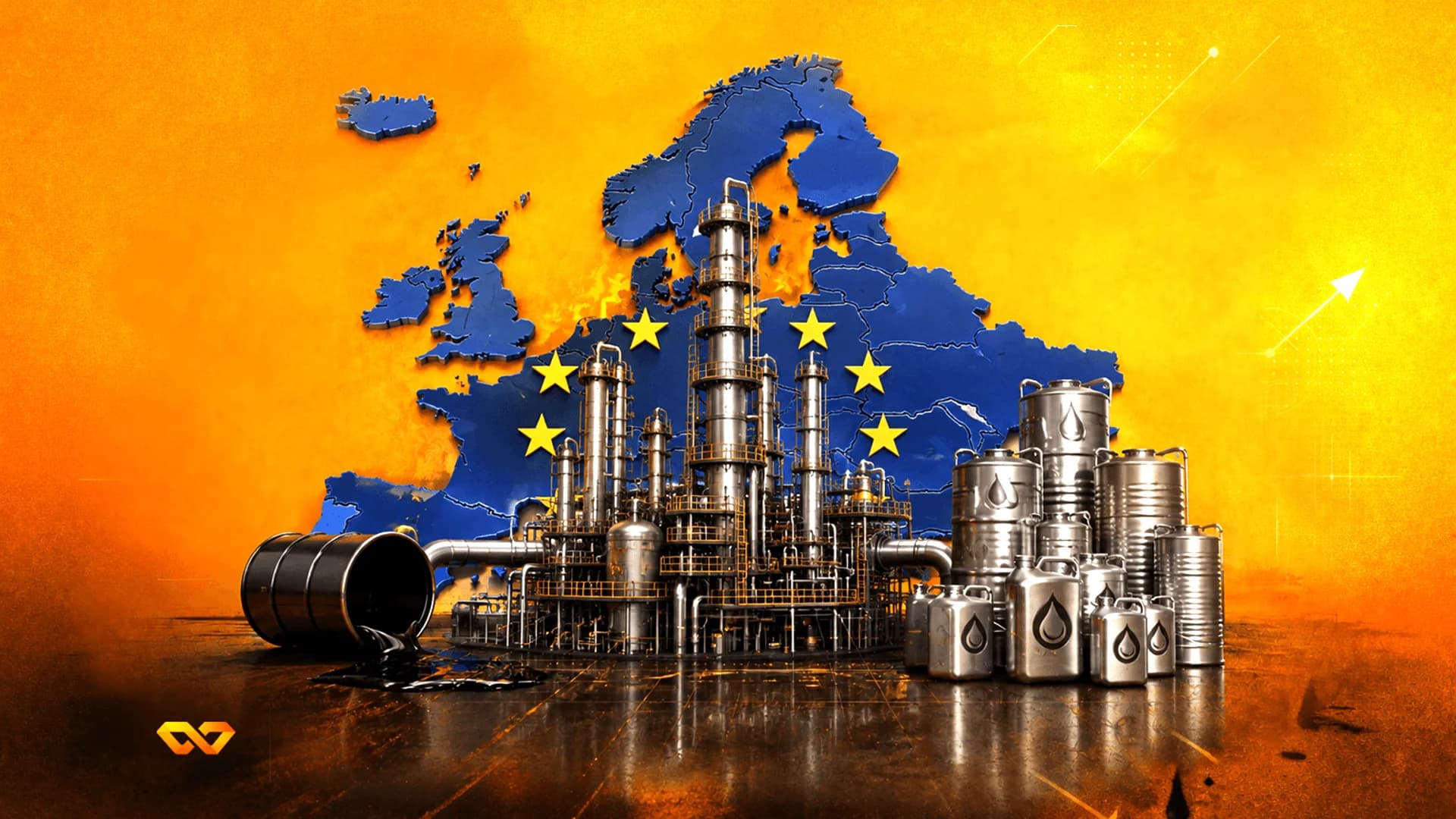 3D map of Europe with EU flag behind an oil refinery and silver barrels on an orange background.
