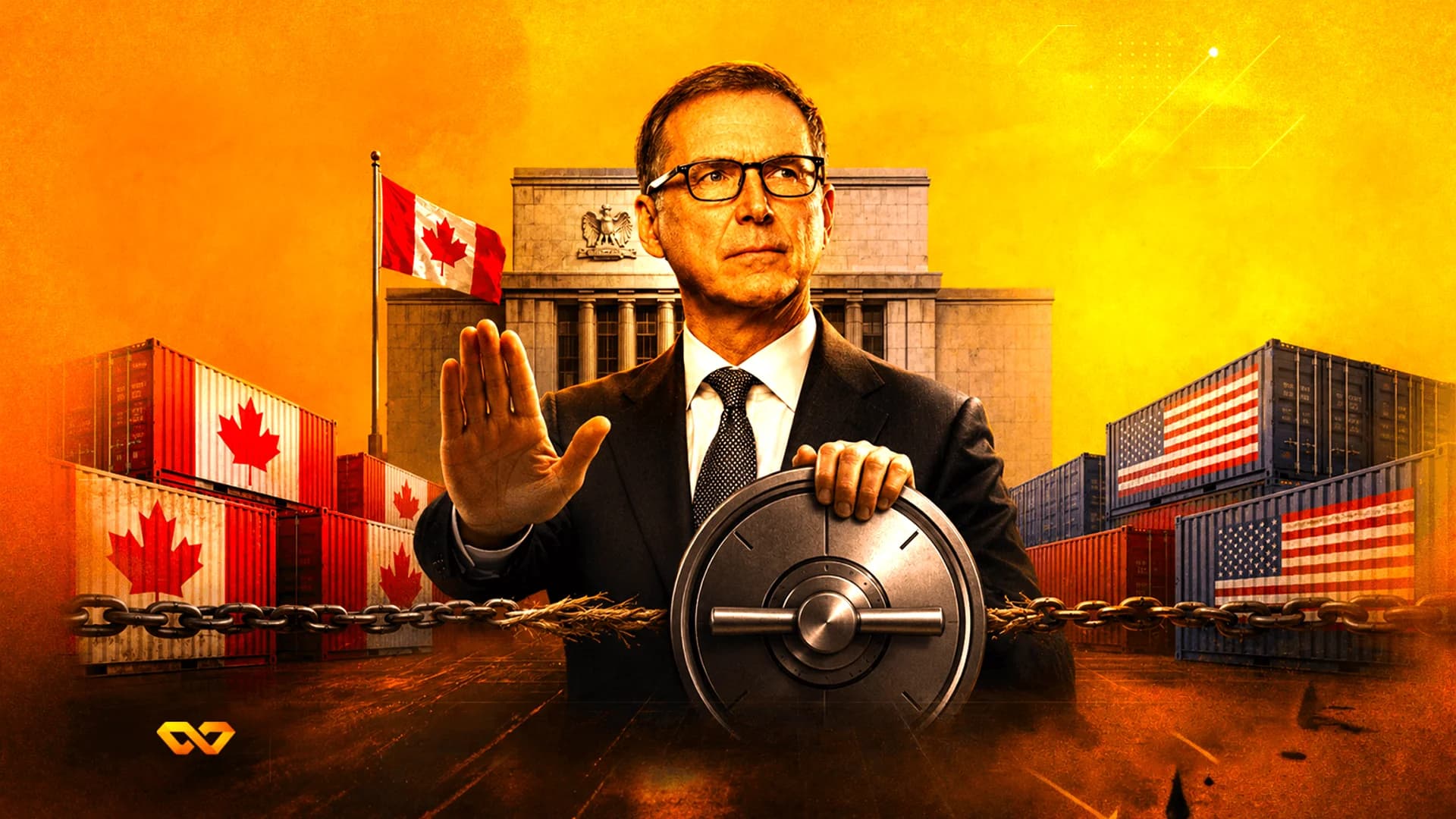 Man in a suit making a stop gesture by a vault door, with Canadian and US flags on shipping containers.
