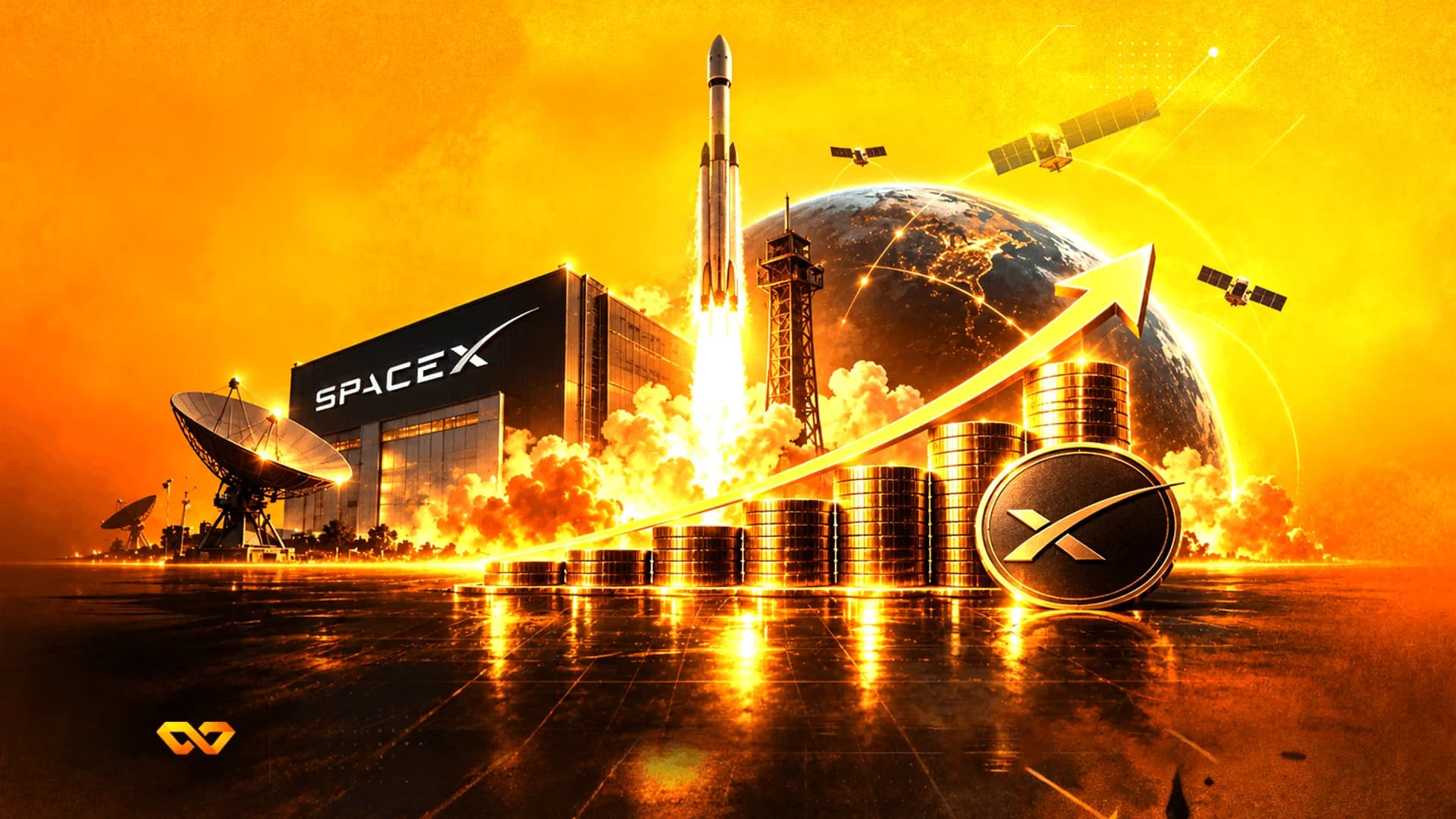 SpaceX facility with a rocket launch, satellites, and stacks of gold coins under a rising arrow.