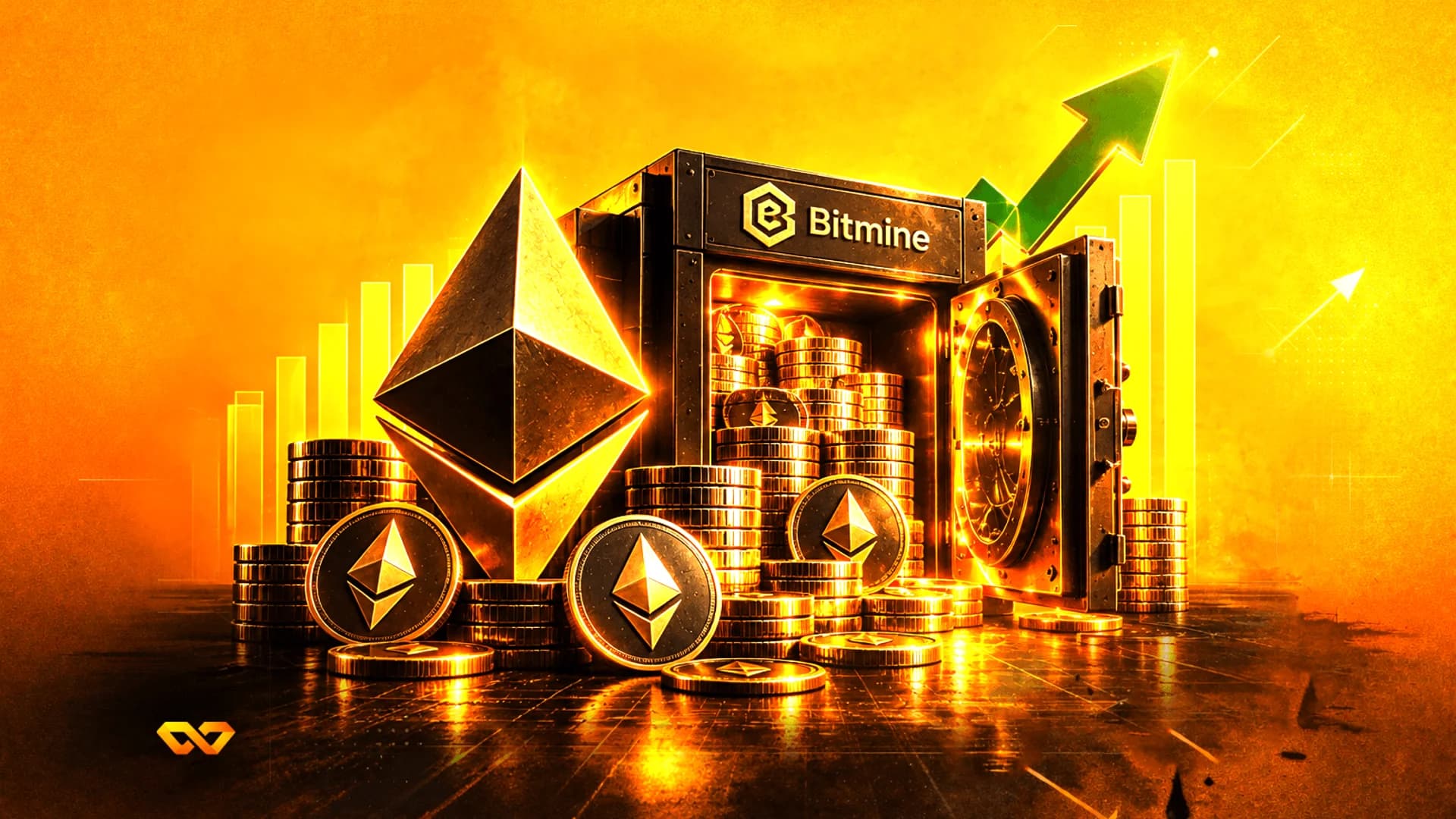 شعار إيثيريوم ثلاثي الأبعاد بجوار خزنة مفتوحة مليئة بعملات ذهبية وسهم أخضر صاعد ورسم بياني.
