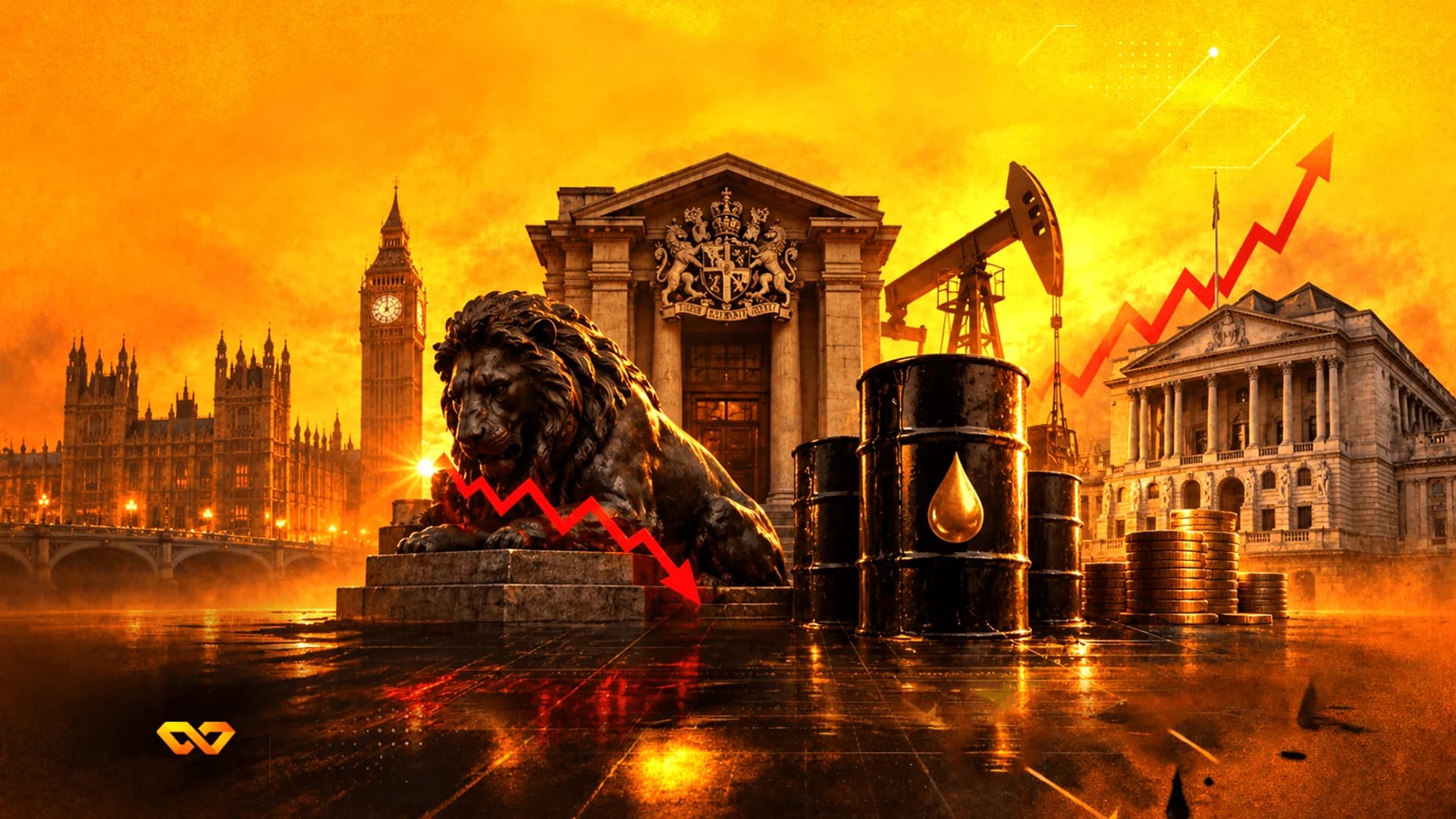 Collage of London landmarks, a lion statue, oil barrels, and a pumpjack under an orange sky with market charts.