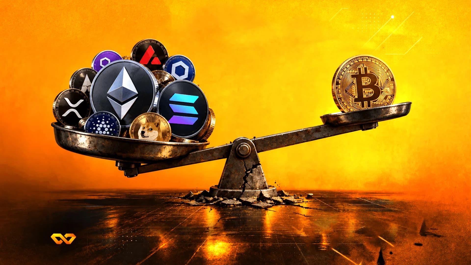 A rusty scale balancing a gold Bitcoin coin against a pile of various cryptocurrency coins on an orange background.