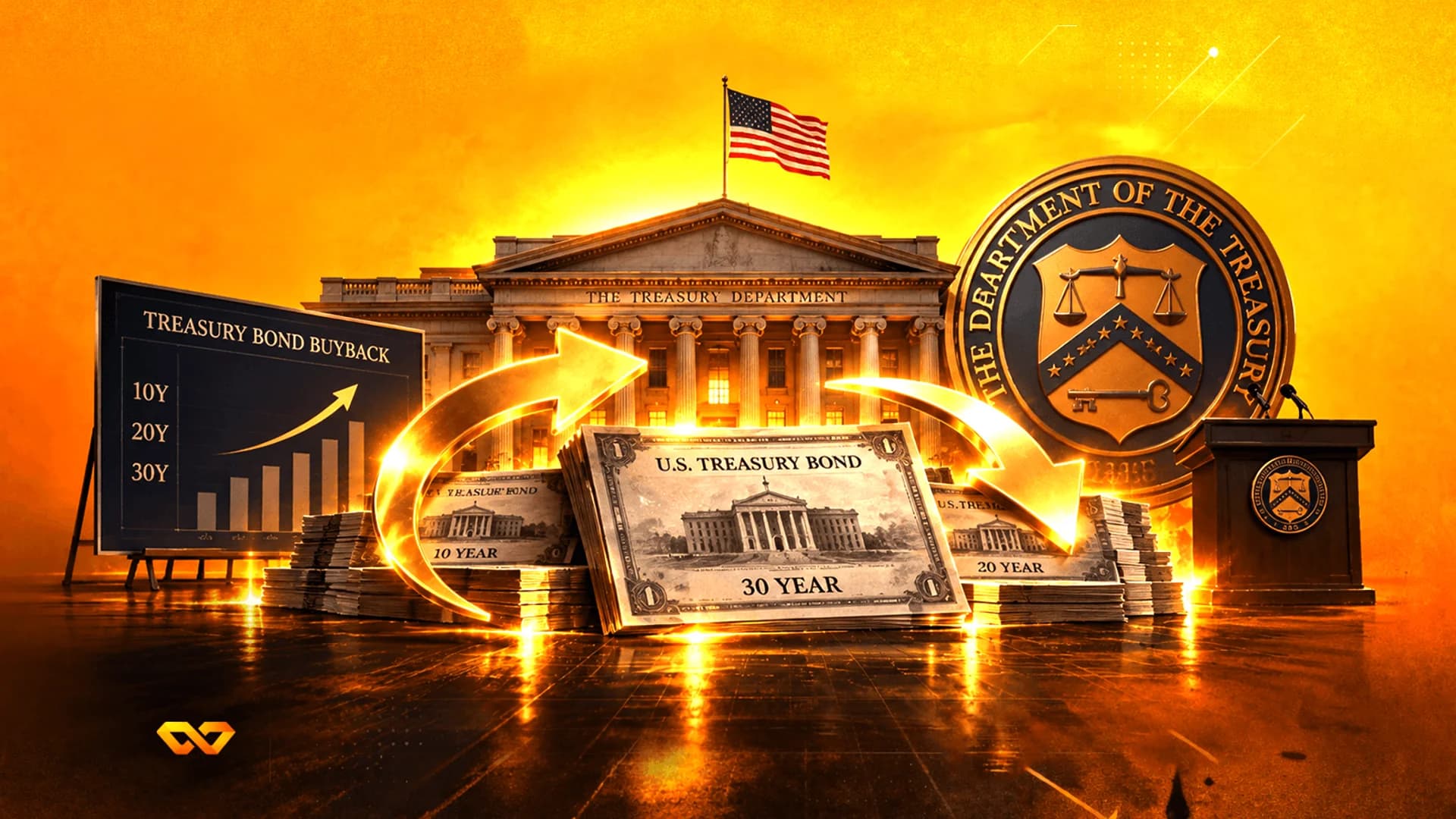 Digital art of the U.S. Treasury building, stacks of bond certificates, a buyback chart, and a large golden seal.