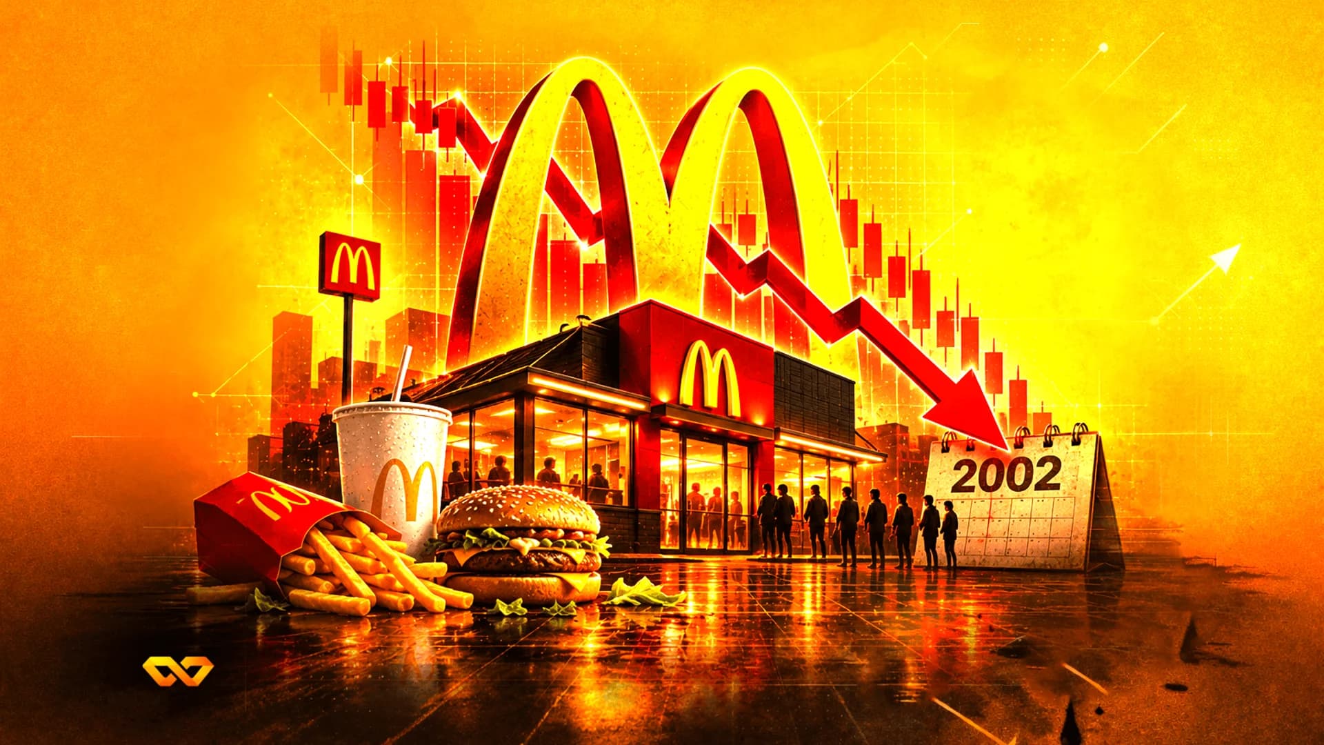 McDonald's restaurant and food in front of a downward-trending stock chart and a 2002 calendar.