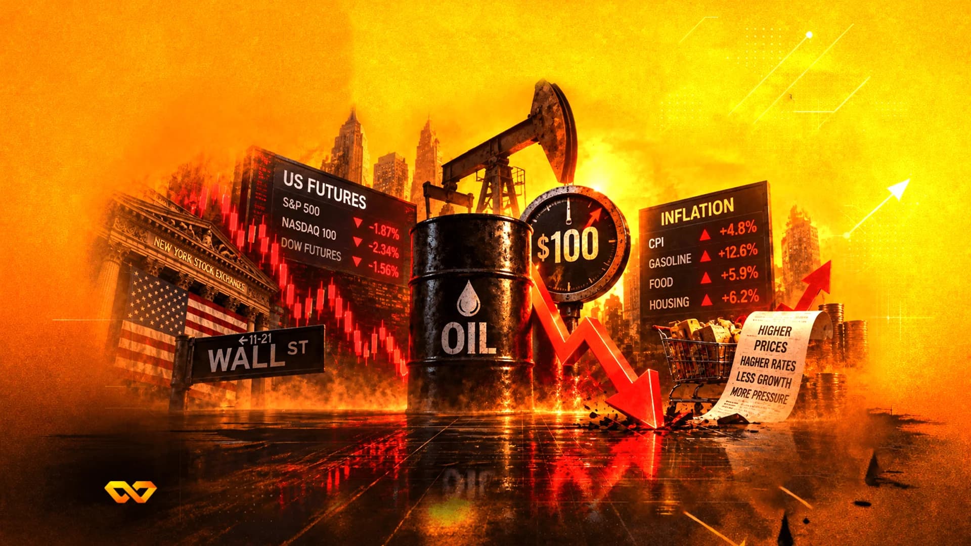 Digital collage of an oil barrel, NYSE building, Wall Street sign, and boards showing falling stocks and rising inflation.