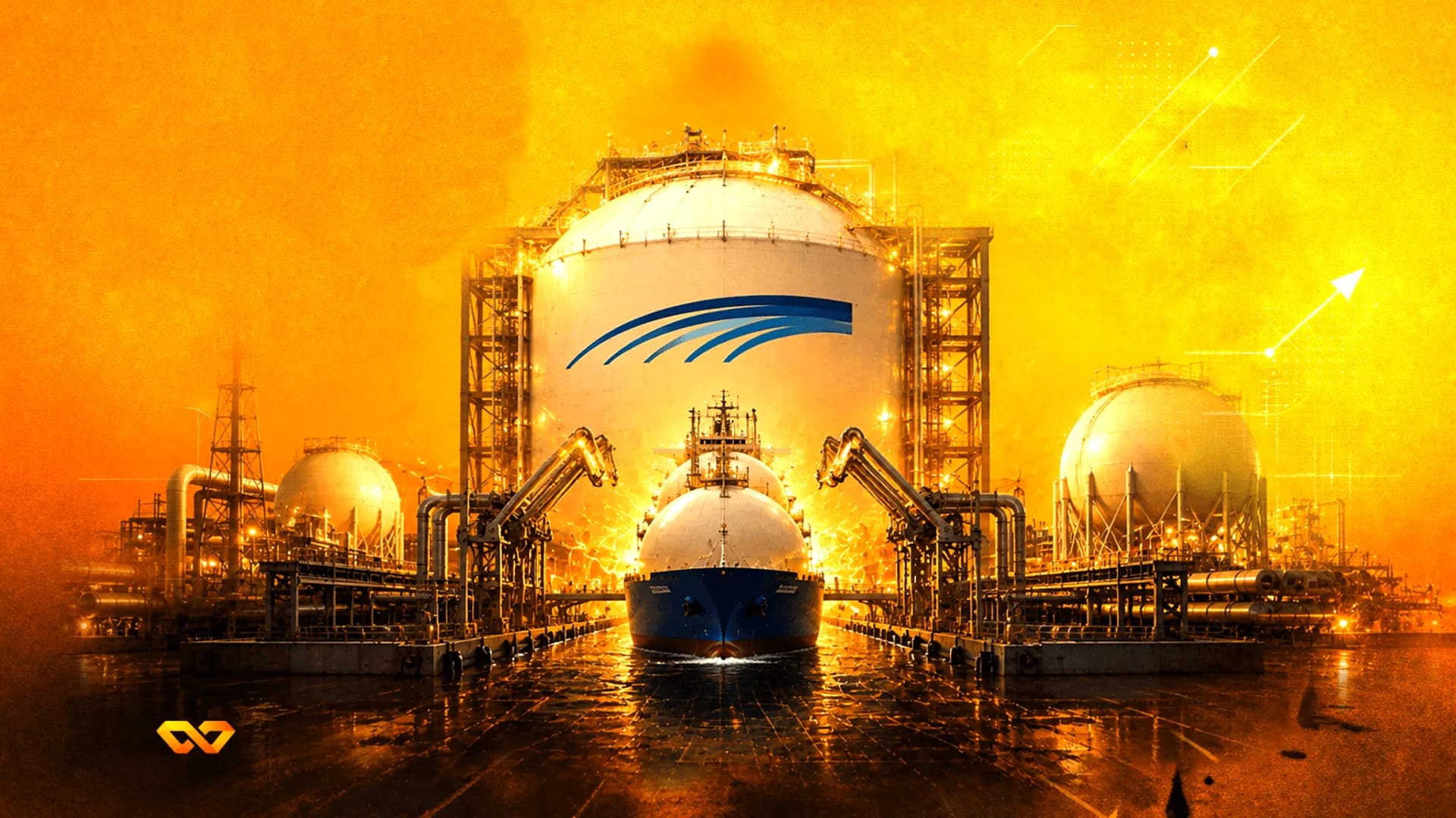 Large spherical storage tank with a blue logo and an LNG tanker ship in an industrial port under a golden sky.
