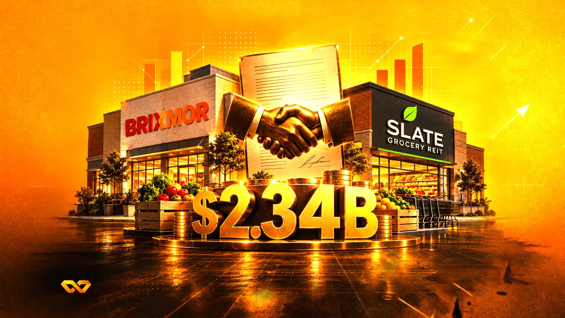 Golden handshake over a document between Brixmor and Slate Grocery REIT buildings with large $2.34B gold text.