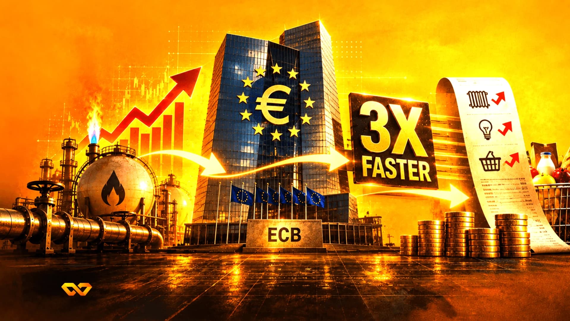Stylized ECB building with euro symbol, industrial gas plant, rising bar charts, and stacks of coins.