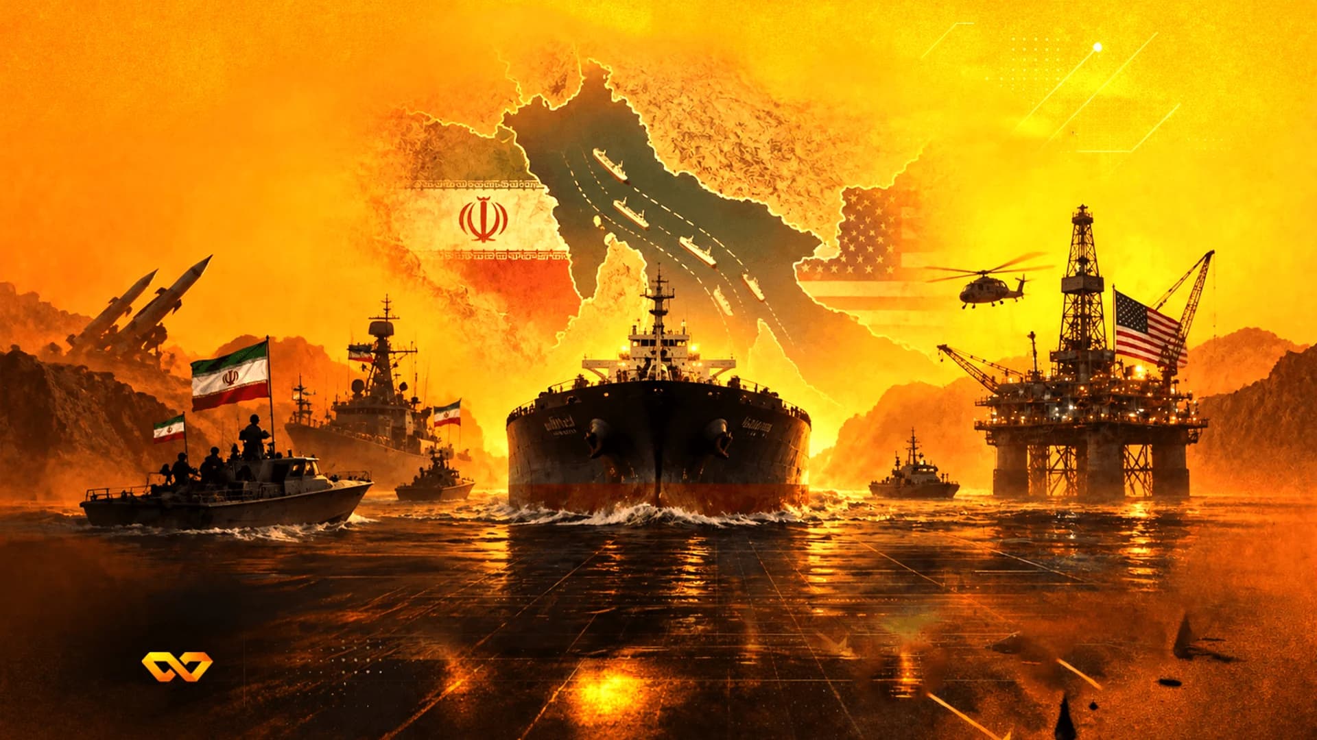 Oil tanker and naval ships in the Persian Gulf with Iranian and US flags against a fiery orange background.