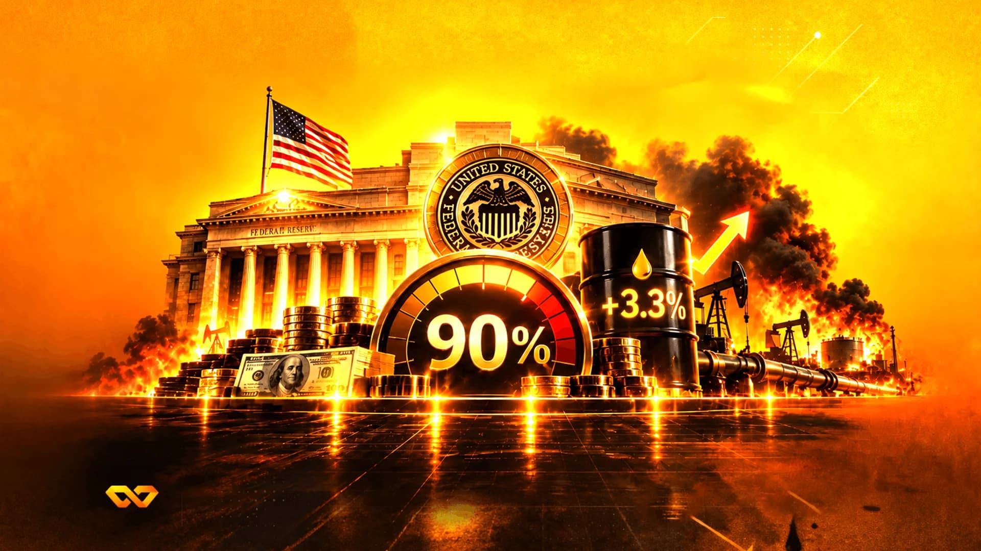 مبنى الاحتياطي الفيدرالي، علم أمريكي، مقياس 90%، برميل نفط، وأوراق نقدية على خلفية برتقالية نارية.