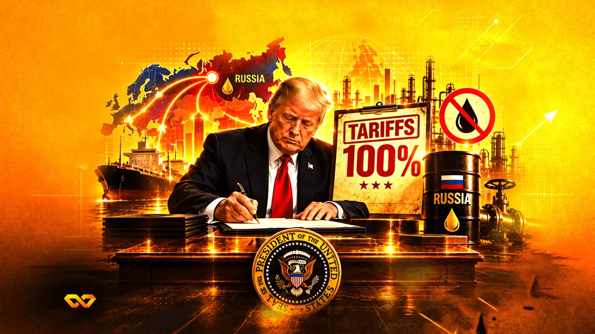 Donald Trump signs a document at a desk with a 100% tariffs sign, Russian oil barrel, and map background.