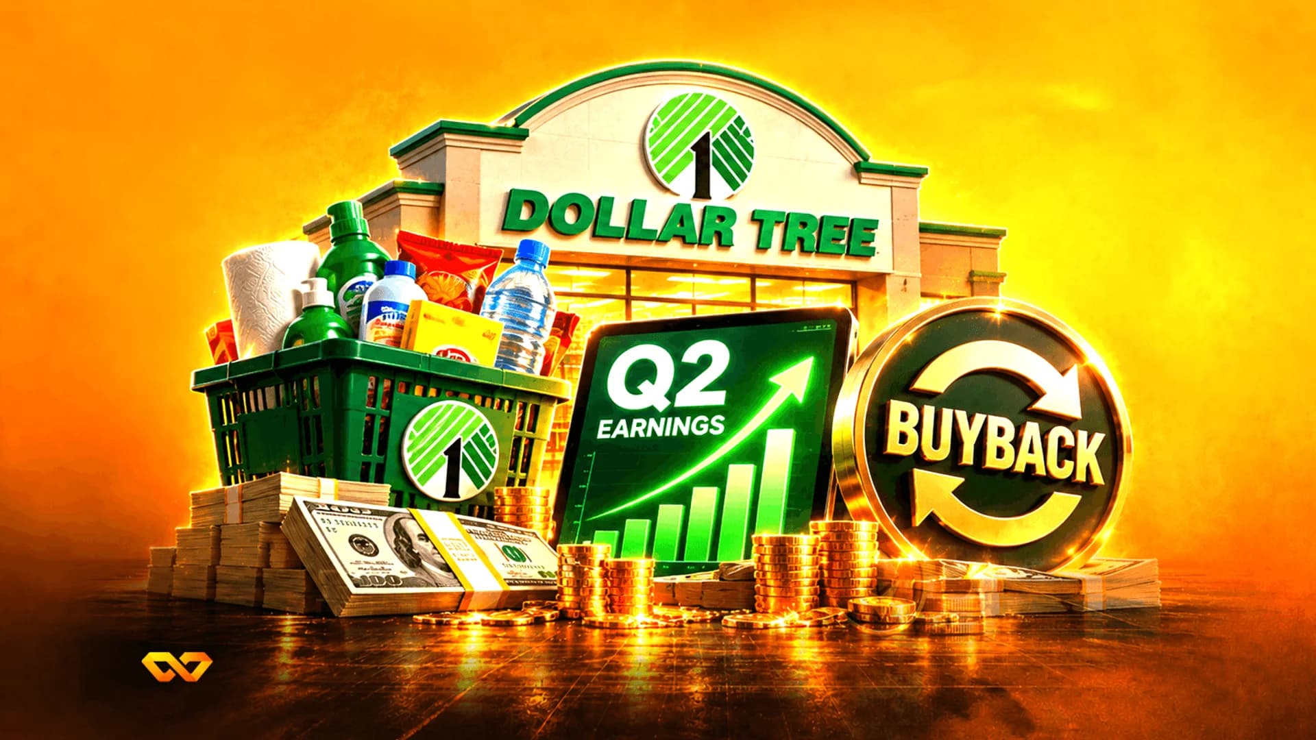 Dollar Tree storefront with a shopping basket, stacks of cash, and a tablet displaying a Q2 earnings chart.