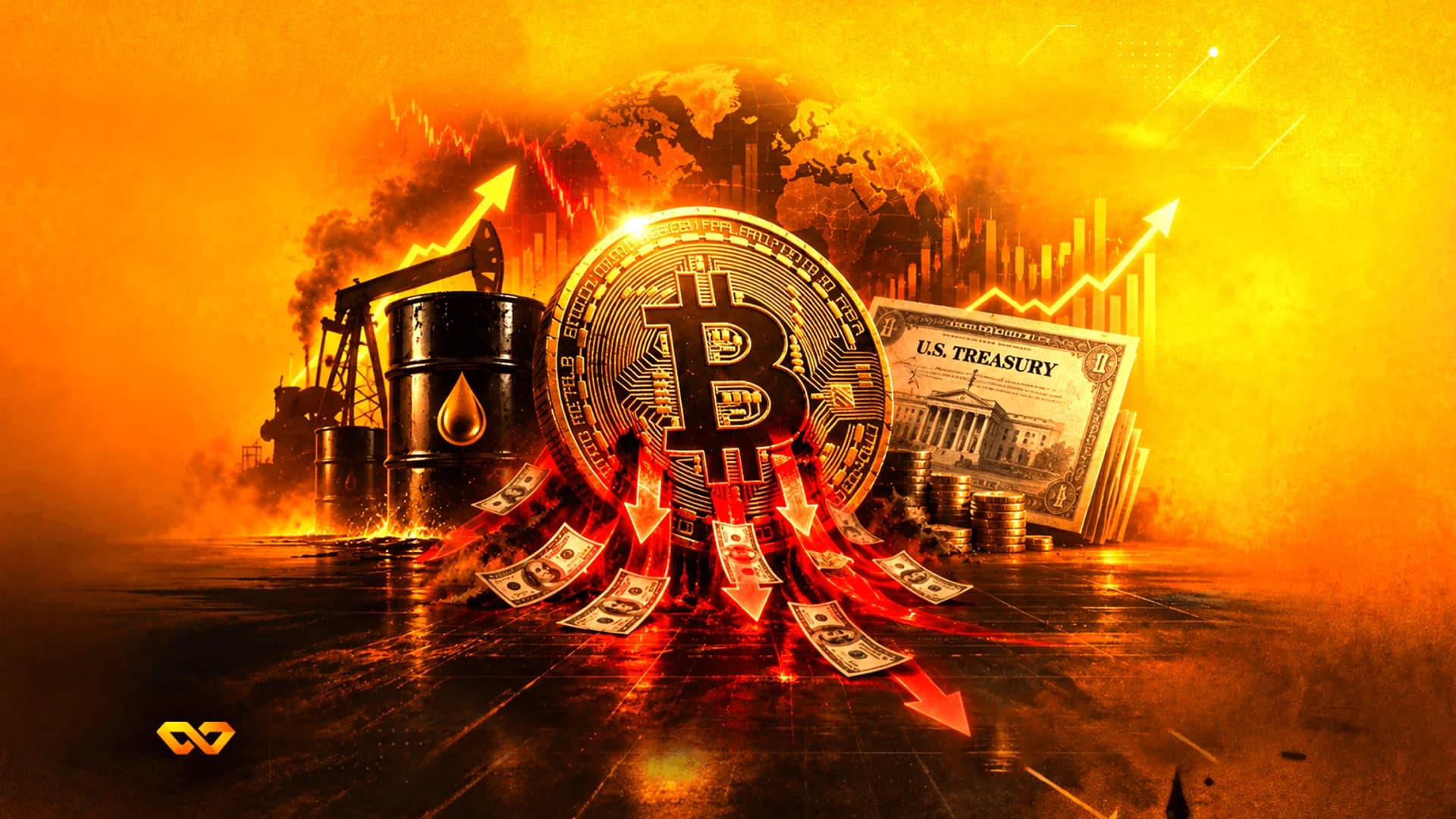 Bitcoin coin centered over oil barrels, a U.S. Treasury bill, and falling dollar bills against a fiery orange background.
