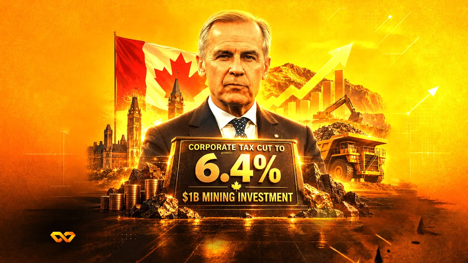 Portrait of Mark Carney with a Canadian flag, Parliament buildings, a mining truck, and a tax cut plaque.