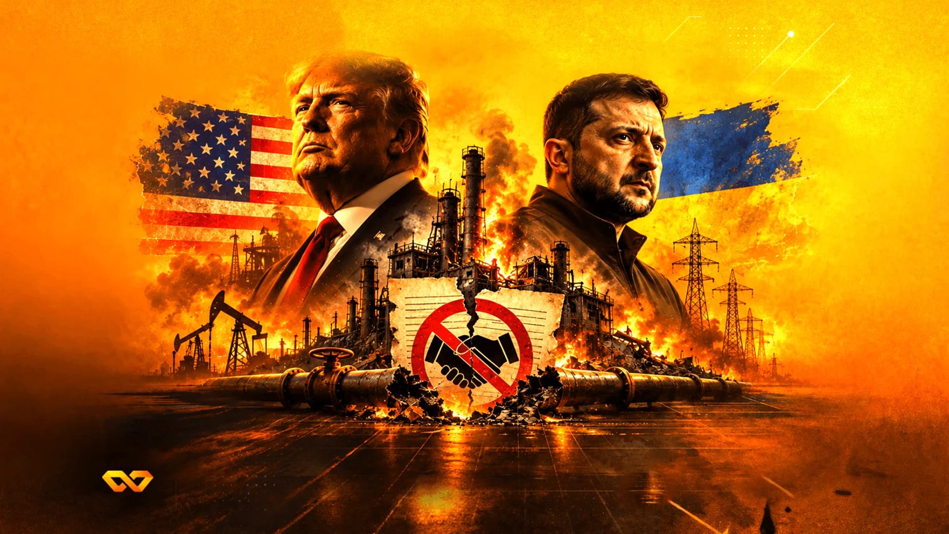 Donald Trump and Volodymyr Zelenskyy portraits over a fiery landscape with US and Ukraine flags and industrial ruins.